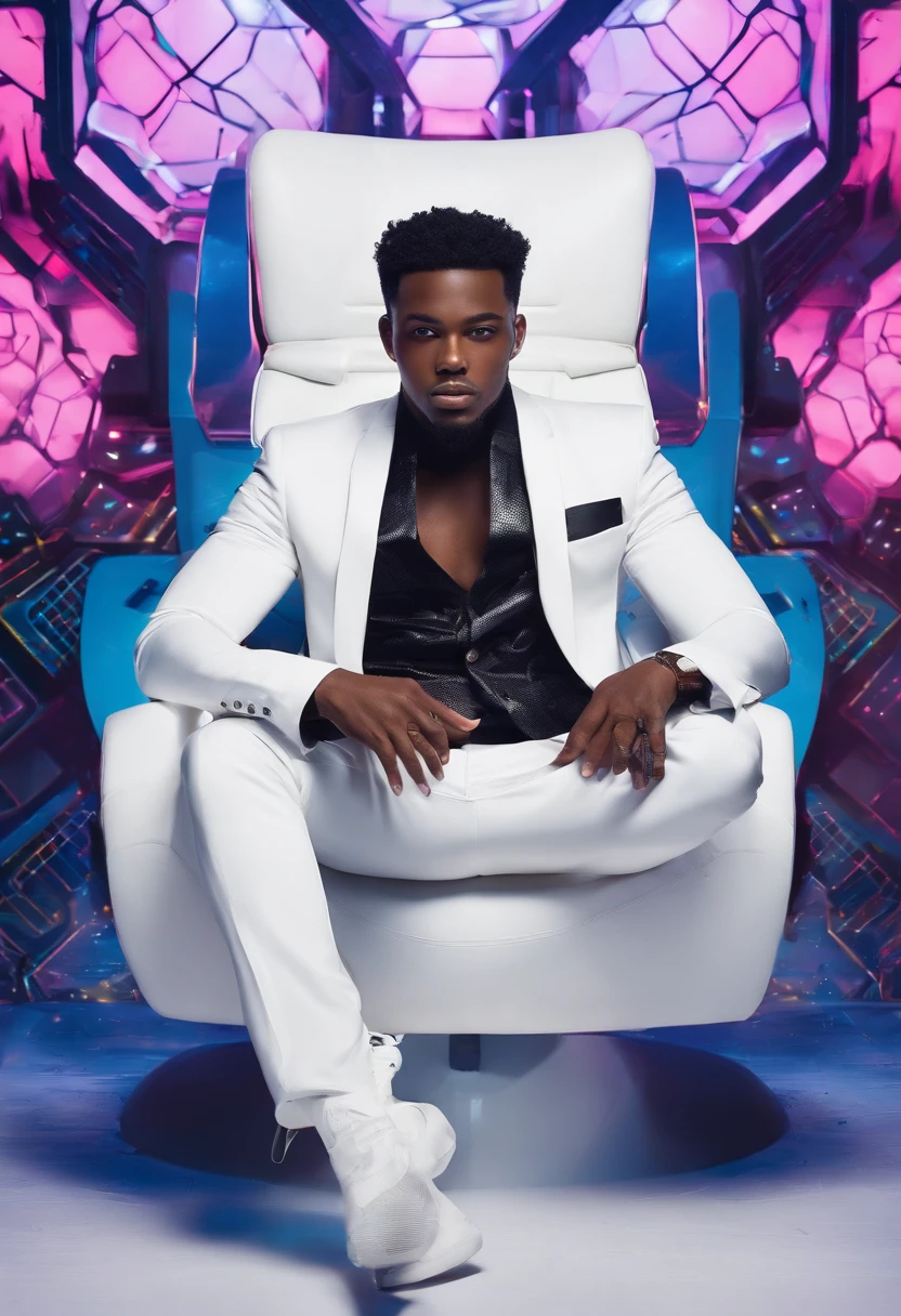 jeune homme noir africain, Wearing modern singing artist clothes sitting in an armchair, Very realistic abstract studio photo background, fantaisique, Shot with a professional camera with moderate depth of field, corps complet
