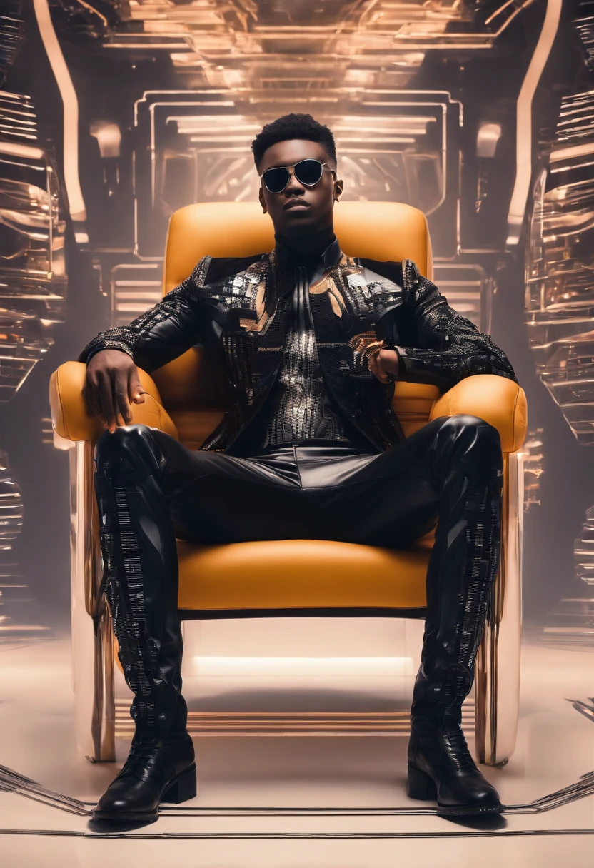 jeune homme noir africain, Wearing modern singing artist clothes sitting in an armchair, Very realistic abstract studio photo background, fantaisique, Shot with a professional camera with moderate depth of field, corps complet