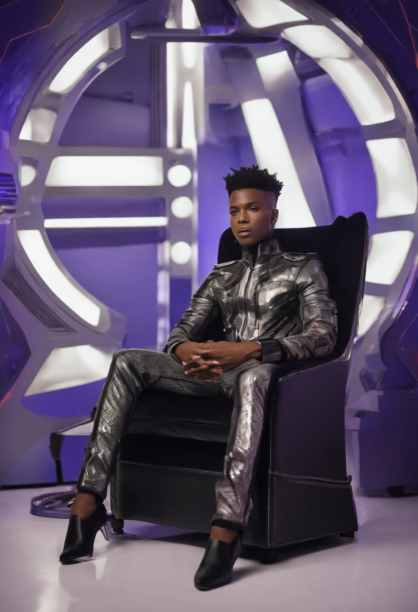 jeune homme noir africain, Wearing modern singing artist clothes sitting in an armchair, Very realistic abstract studio photo background, fantaisique, Shot with a professional camera with moderate depth of field, corps complet