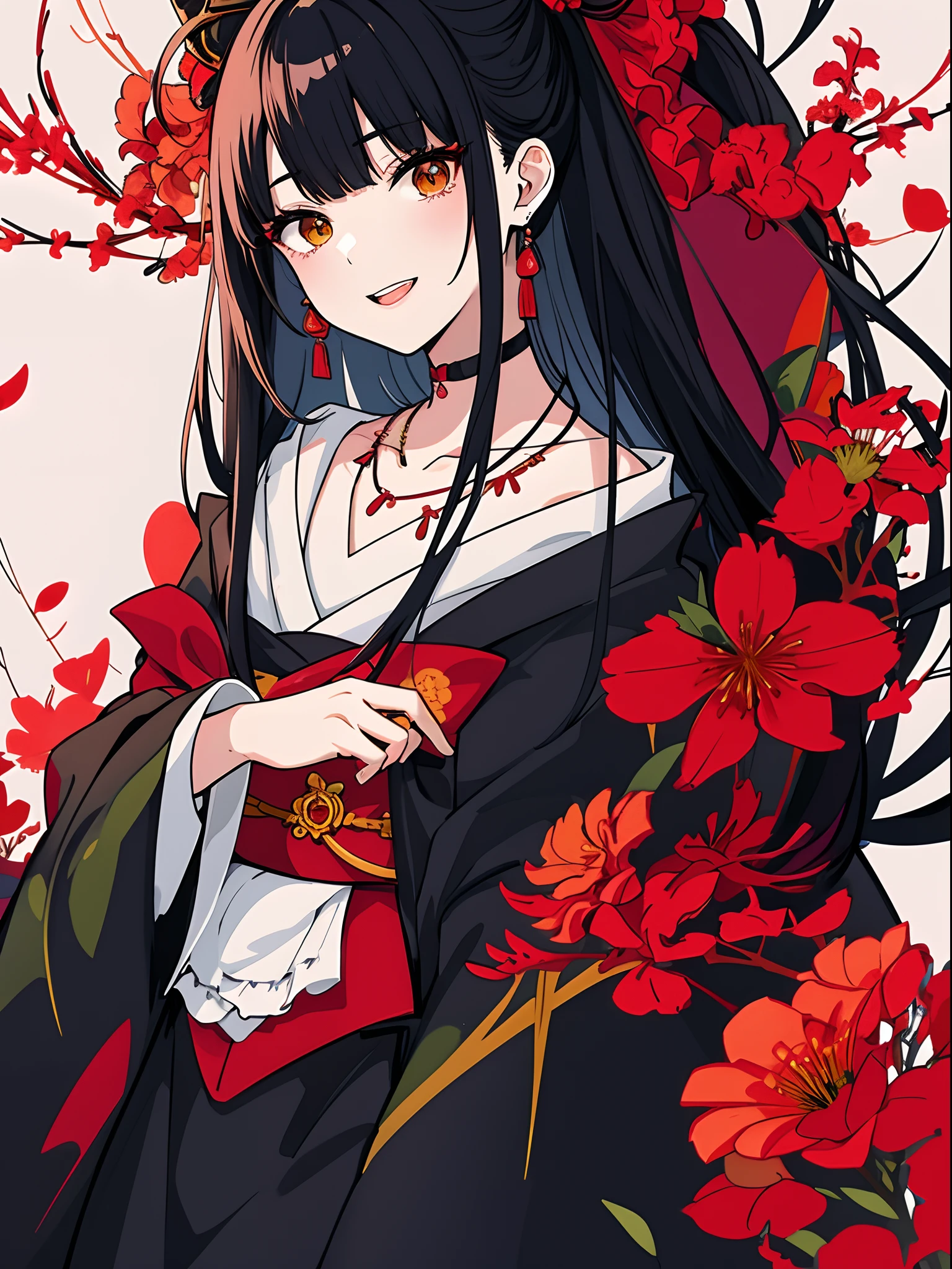(top-quality、hight resolution、8k、masterpiece:1.2)。Curvaceous but slender、Muchimuchi Body、The whole area is filled with Red Spider Lily、Red spider lily in bloom、A woman sits in the middle of a red spider lily in full bloom。With a mysterious look、Kimono and double teeth are characteristic.。Wearing a kimono splattered with blood、I'm holding some kind of murder weapon in my hand.。The crazy expression and the gap between her and the Red Spider Lily further enhance her beauty。Half-taken kimono、accessorized、mole、Eyebrows、double tooth、canine teeth、poneyTail、Muscular nose、Clear detailed green eyes、red blush、a choker、Fleshy lips、Physical beauty、well-muscled、Mysterious fashion、Anime style、animesque、unreal、Fashion based on red and white、Backgrounds with depth、The background is 10,000 Red Spider Lilies spread all over the area、a necklace、Bracelets、Misanga、arm band、Light and Wall Co-star、A small black cat clinging to his shoulder、Original face、(dark themed:1.3)、Dark Fantasy、Distant angle、portlate