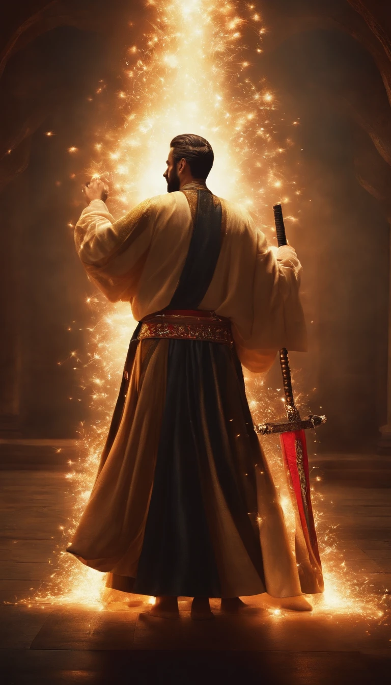 The apostle Paul looked at the screen, roupas compridas, Religion, Ultra foto realsisim、Espada Katana Japonesa、Sparklers