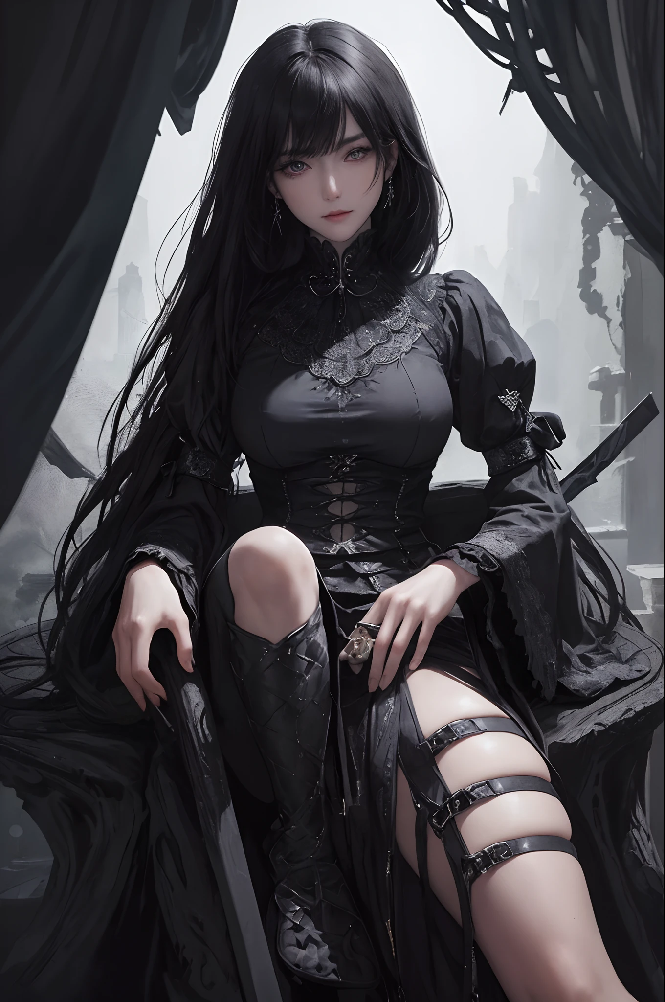 (​masterpiece:1.2、top-quality)、(Exquisite beautiful eyes: 1.2)、(细致背景、Dark Fantasy、A Japanese style)、(beautifull detailed face)、High contrast、(The best lighting、extremely delicate and beautiful)、((Cinematic lights) )), Hyper-detailing, Dramatic light, intricate detailes, (One girl, 独奏,A dark-haired, Sharp face, poneyTail, A slight smil,hair between eye, Dynamic Angle,full body Esbian), depth of fields、（full body Esbian）,The Darkness, mystery, romanticism, Spooky, literary, art by, lo fashion, Victorian, ornamented, Complexity, pondering, emotional depth, Supernatural,Dark atmosphere