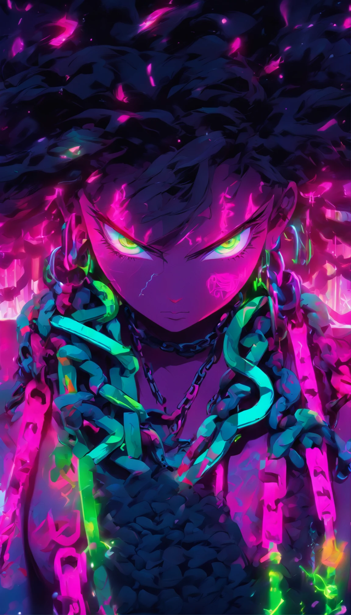 a digital painting of a woman with chains around her neck, intricate artwork. neon eyes, dripping in neon paint, neon vibes, neon and dark, neon PURPLE, Turquoise,PINK, GREEN, airbrush digital art, neon digital art, airbrush art, neon ink, inspired by Mike Winkelmann, stunning artwork, 3 d neon art of a womens body, vibrant colors hyper realism