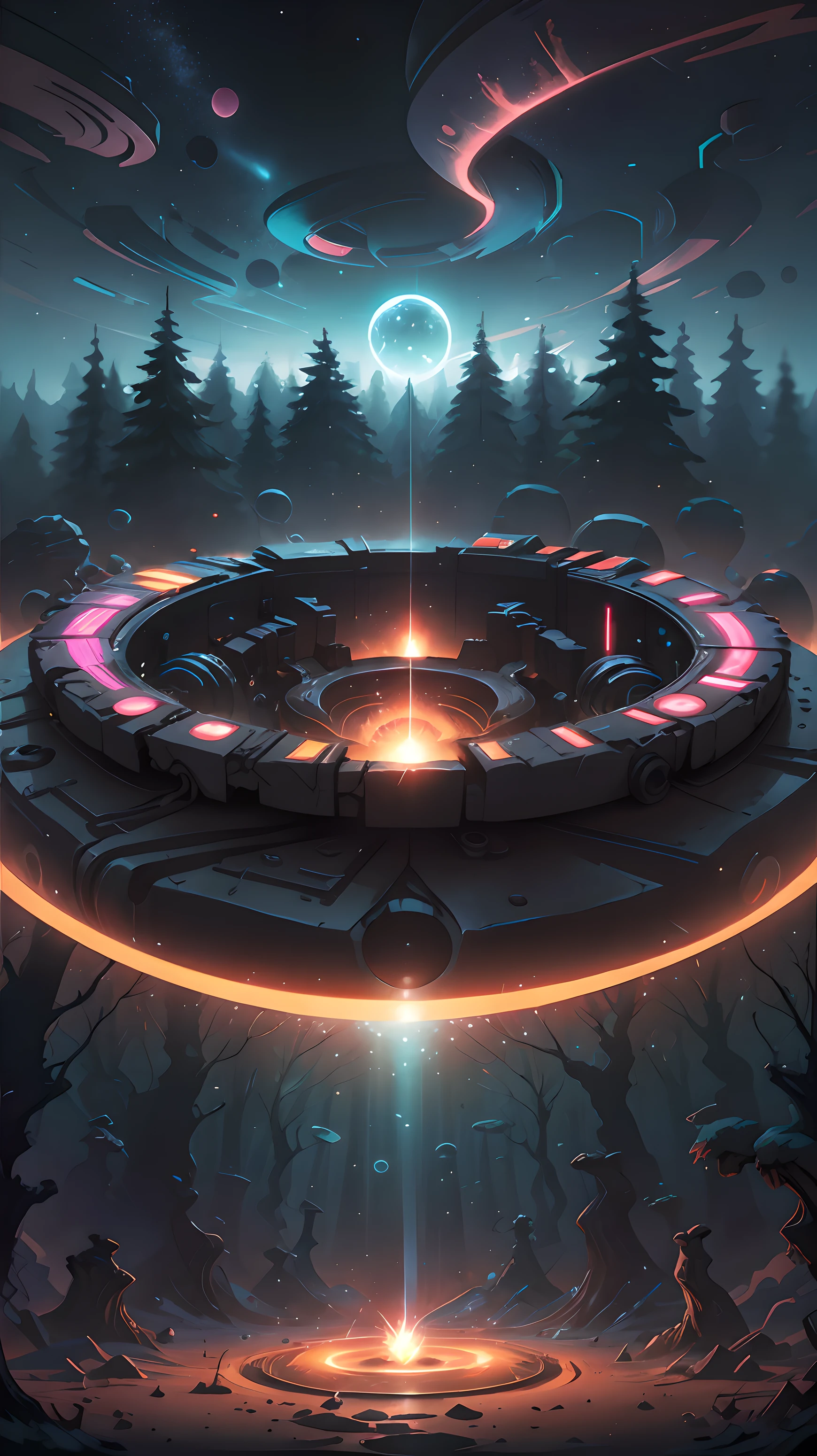 Imagine a concrete wall where a large photoplasmic circle appears in the form of an interplanetary portal, inside a forest with radiant neon lights. around circle reflective waves of liquid Chrome, realistic bedroom environment, wide angle side view, fast shutter speed 1/500, aperture f/12, Cinema 4D, Masterpiece, 8k, HR, HQ, 4D, bokeh - -ar 3:2 4c --auto --s2