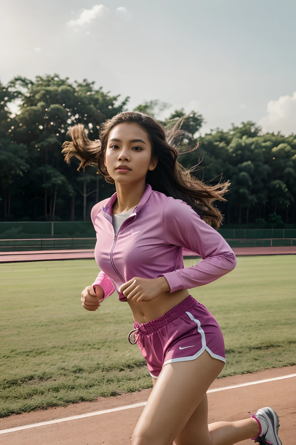1 girl, solo, running, Gray Track Top, pink shorts, ponytail, athletic build, dynamic brushstrokes, fluid movement, capturing the essence of her athleticism and energy, using light colors and soft tones to create a dreamy and ethereal atmosphere, portraying the motion and grace of running, showing the wind blowing her ponytail and clothes, and the scenery of her surroundings.
outdoors, detailed background, Modern metropolis,