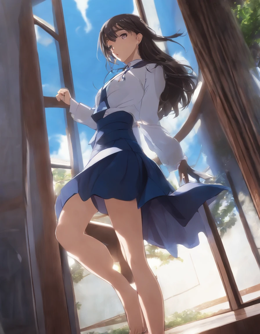 Senjougahara Hitagi, calcinha azul, Lifting her own skirt with her right hand, view from below, Panties, Saia, em sala de aula, melhor qualidade --auto --s2
