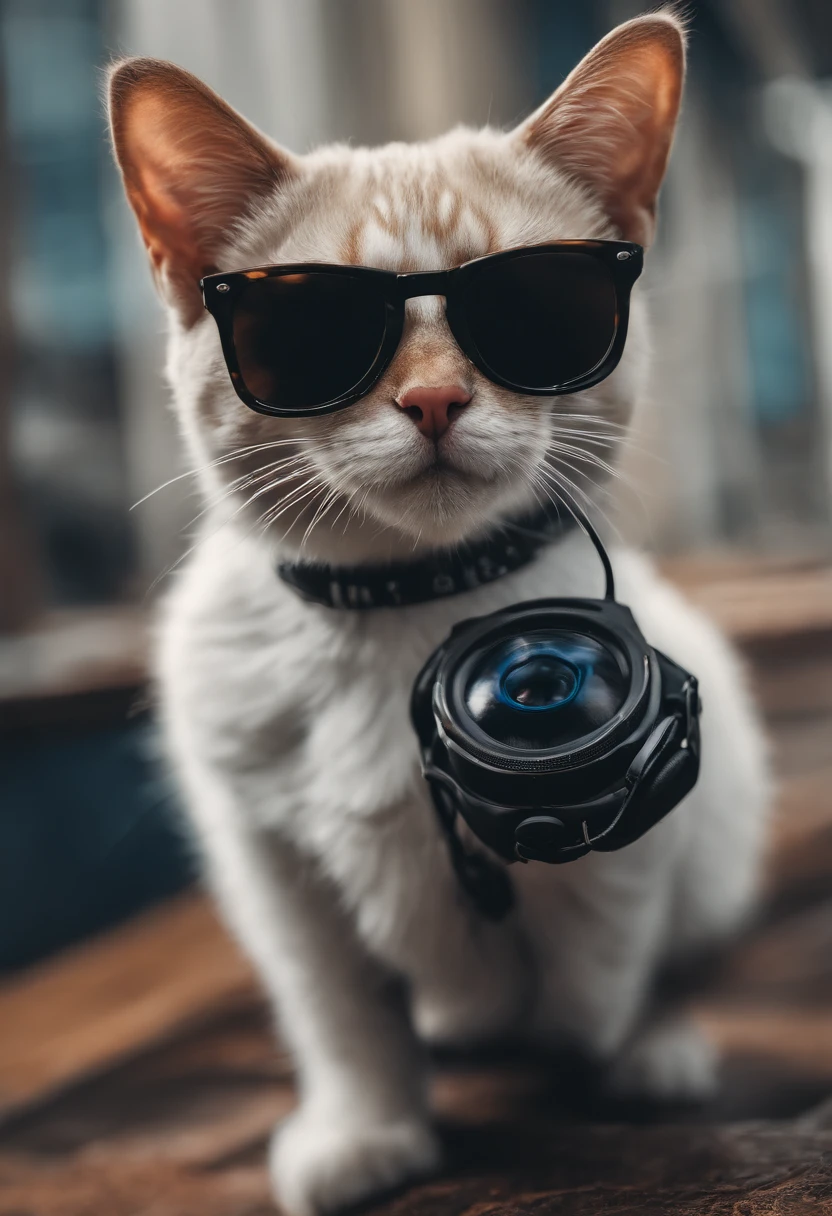 Perfect centralization, Um gatinho bonito por toda parte, Use uma jaqueta de estudante roxa, wearing sunglasses, Usando fones de ouvido, Standing position, beleza abstrata, Centrado, looking at the camera, Facing the camera, nearing perfection, Dynamic, luar, altamente detalhado, pintura digital, art stations, Conceito-Arte, liso, foco nítido, 8k, high-definition resolution, illustration, arte de Carne Griffiths e Wadim Kashin, fundo branco