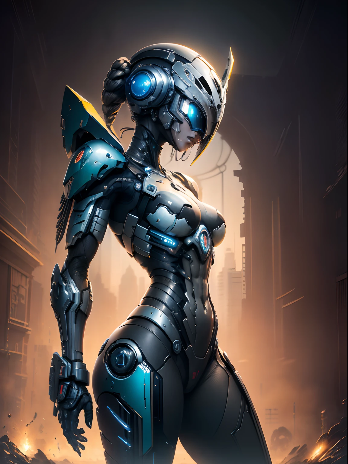 ((mejor calidad)), ((obra maestra)), Espacio marino, Martillo 40,000, Mundo en guerra, Hermosa mujer cyberpunk con armadura de maestro chef mecha halo muy detallado, Mecha Warframe, colores vibrantes, negro, Blanco, azul, verde, metallic yellow, Oxidado, Usado, ensangrentado, con cielo con nubes y luna llena y acorazados, Cuerpo completo con armadura detallada, Bloody battlefield Alien battlefield,