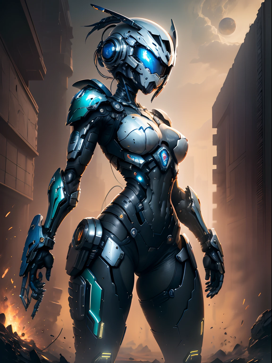 ((mejor calidad)), ((obra maestra)), Espacio marino, Martillo 40,000, Mundo en guerra, Hermosa mujer cyberpunk con armadura de maestro chef mecha halo muy detallado, Mecha Warframe, colores vibrantes, negro, Blanco, azul, verde, metallic yellow, Oxidado, Usado, ensangrentado, con cielo con nubes y luna llena y acorazados, Cuerpo completo con armadura detallada, Bloody battlefield Alien battlefield,