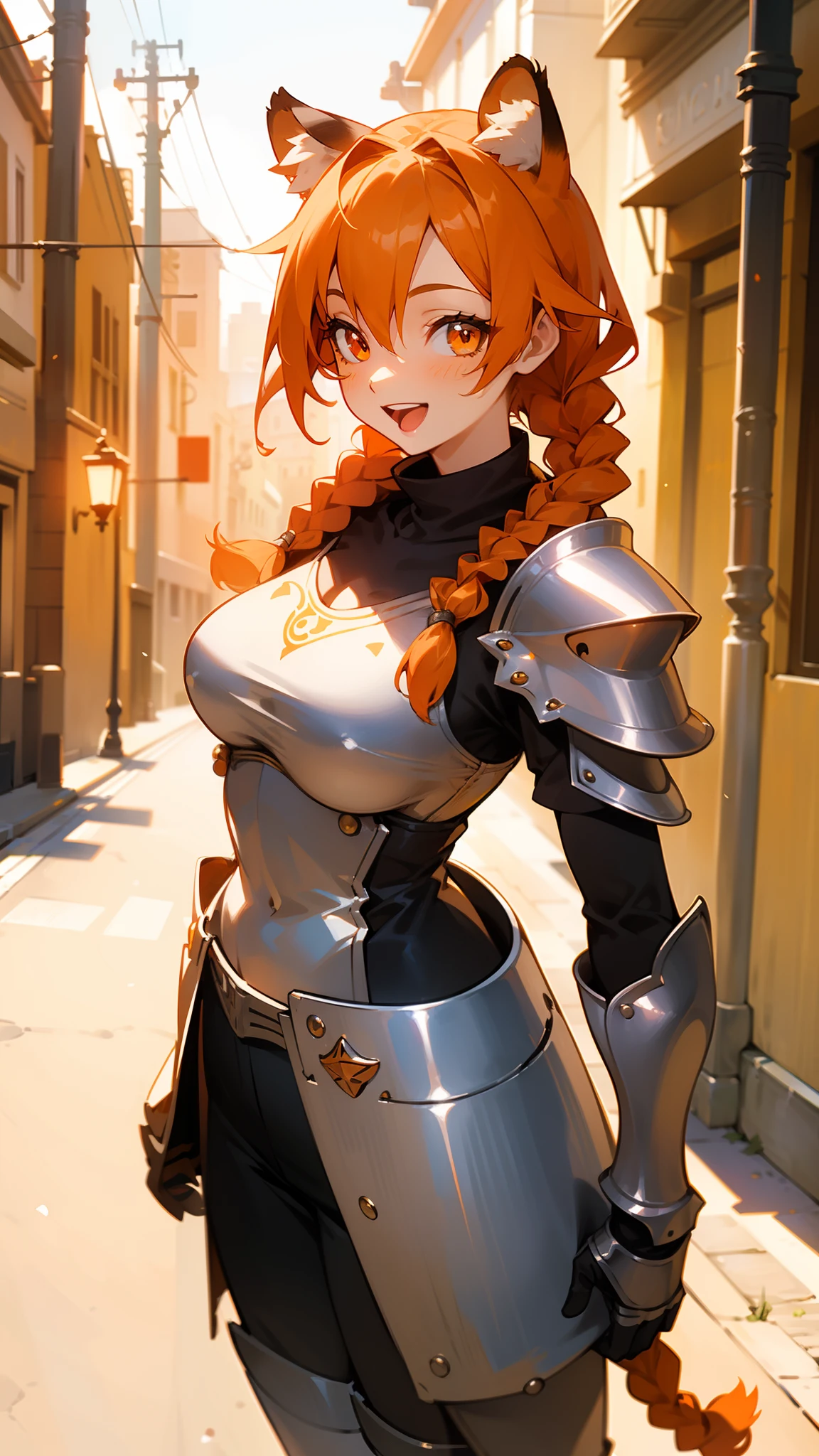 1girl,30s,tall,mature female,tiger ears,(twin braids:1.2),orange hair,orange eyes,solo,(silver templar knight outfit,knight),happy face,smile,open mouth,((standing in a street)),medium breasts,cowboy shot