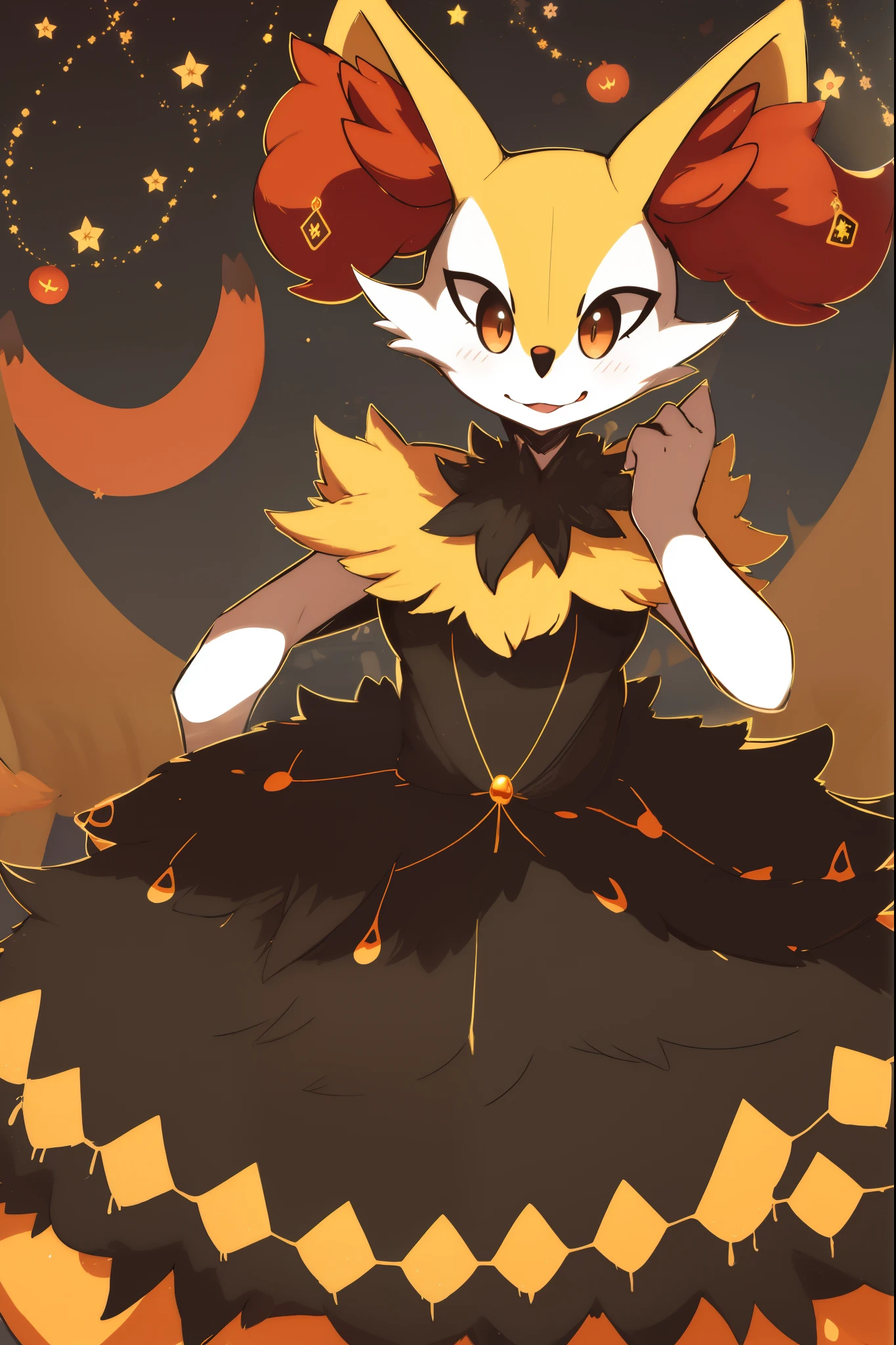 1girl, master part, best quality, Braixen, Pokémon, raposa,  cidade, circunstanciado, Focinho curto, orelhas fofas, Cauda Grande, [olhos vermelhos], Olhos detalhados, luz ambiente, Halloween setting, Busto grandes, fantasia de bruxa