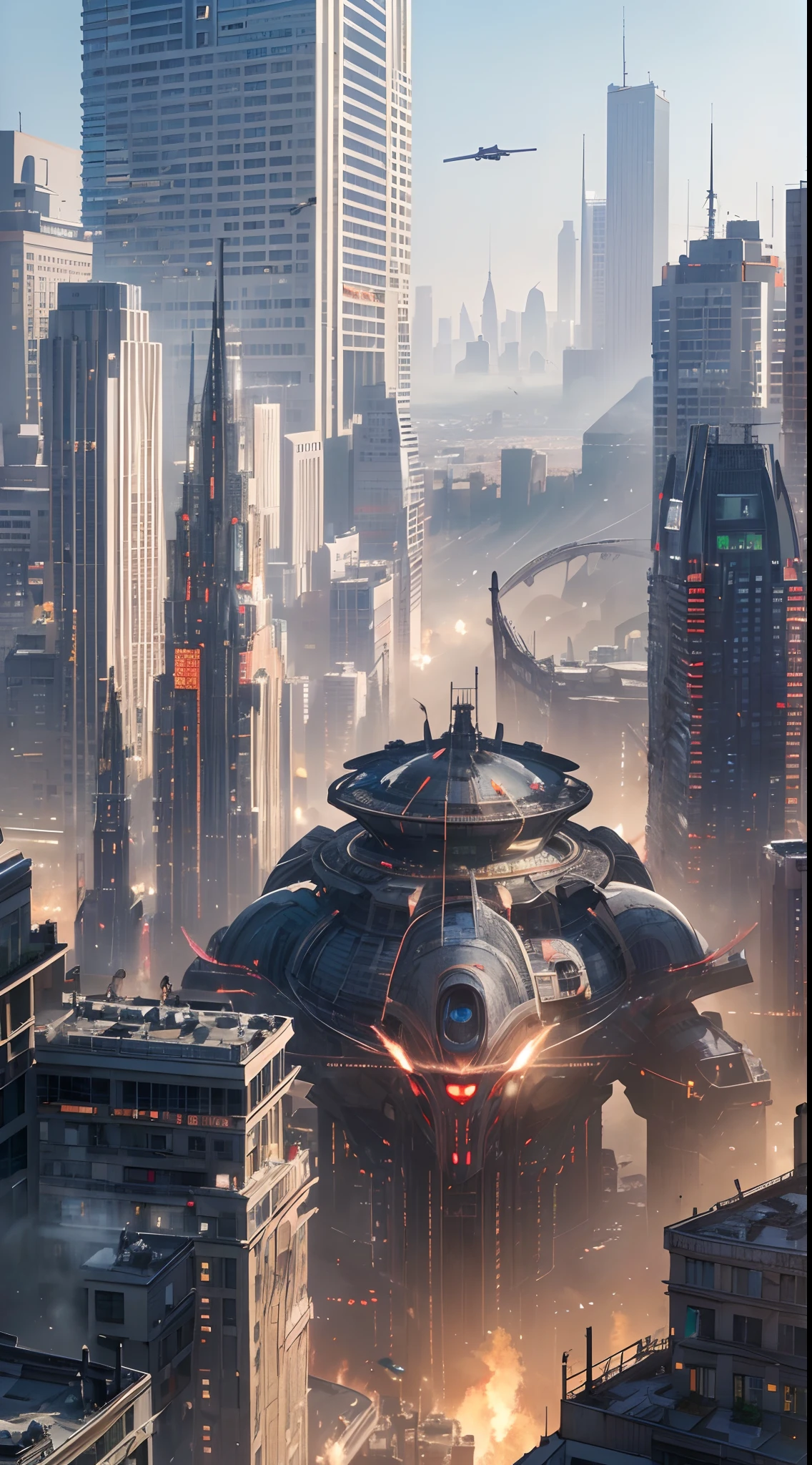 (((8k, RAW image, best quality, masterpiece: 1.4))), super high resolution, super detailed, illustration, super wide angle, giant alien monster attacks modern city great ruin, tiny people running away