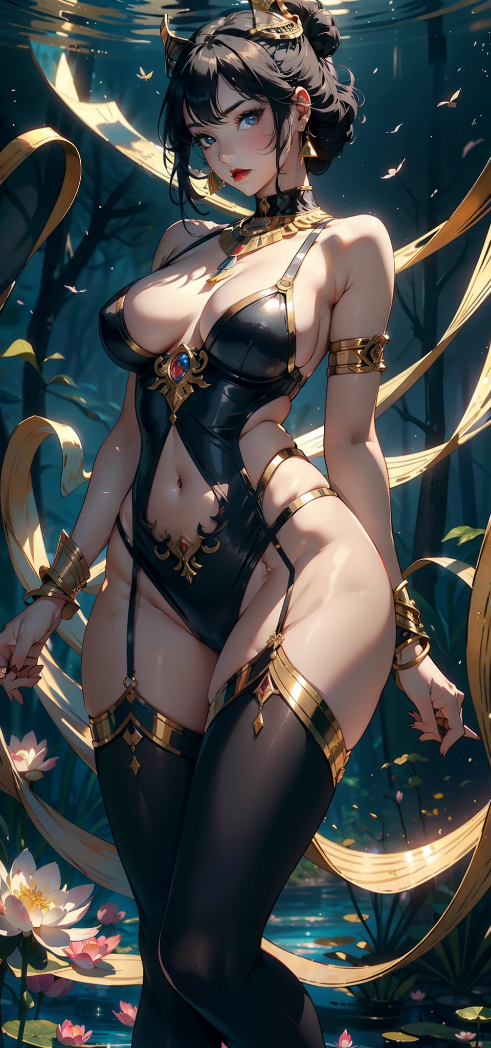 1female,45 yers old,Married Woman,熟妇,plumw,extremely large bosom, 独奏,(Background with:ponds,Cherry blossom forest,lotus flower)Lie underwater, She has short pink hair,seen from the front,, mostly cloudy sky,(((tmasterpiece),(Very detailed CG unity 8K wallpaper),best qualtiy,cinmatic lighting,detailed back ground,beatiful detailed eyes,Bright pupils,Black eyes,Snow-whiteskin,Redlip(Very fine and beautiful),(Beautiful and detailed eye description),ultra - detailed,tmasterpiece,))facing at camera,A high resolution,ultra - detailed),revealing breasts,Bare genitalia, Bulge,legs are open,Raised sexy,Camel toes,Desire for dissatisfaction,frontage,Cleopatra,pharoah,Egyptian costumes(Wearing:Transparent black tights,Black tights,Bare ,jewelry,choker necklace,Bracelet,Gold wire embroidery,Gold Saint Seiya,Armour)