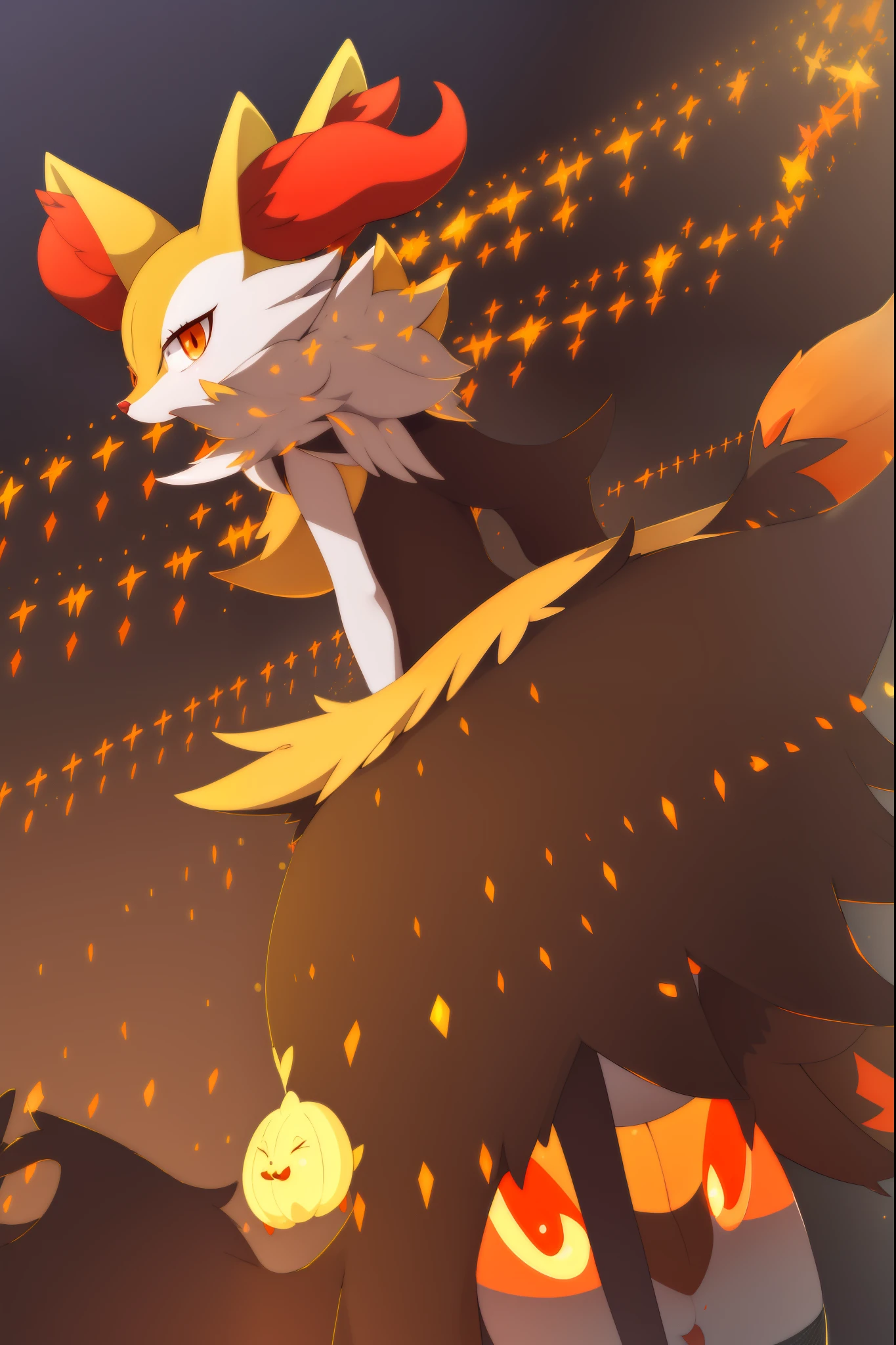 1girl, master part, best quality, Braixen, Pokémon, raposa,  cidade, circunstanciado, Focinho curto, orelhas fofas, Cauda Grande, [olhos vermelhos], Olhos detalhados, luz ambiente, Halloween setting, Busto grandes, fantasia de bruxa