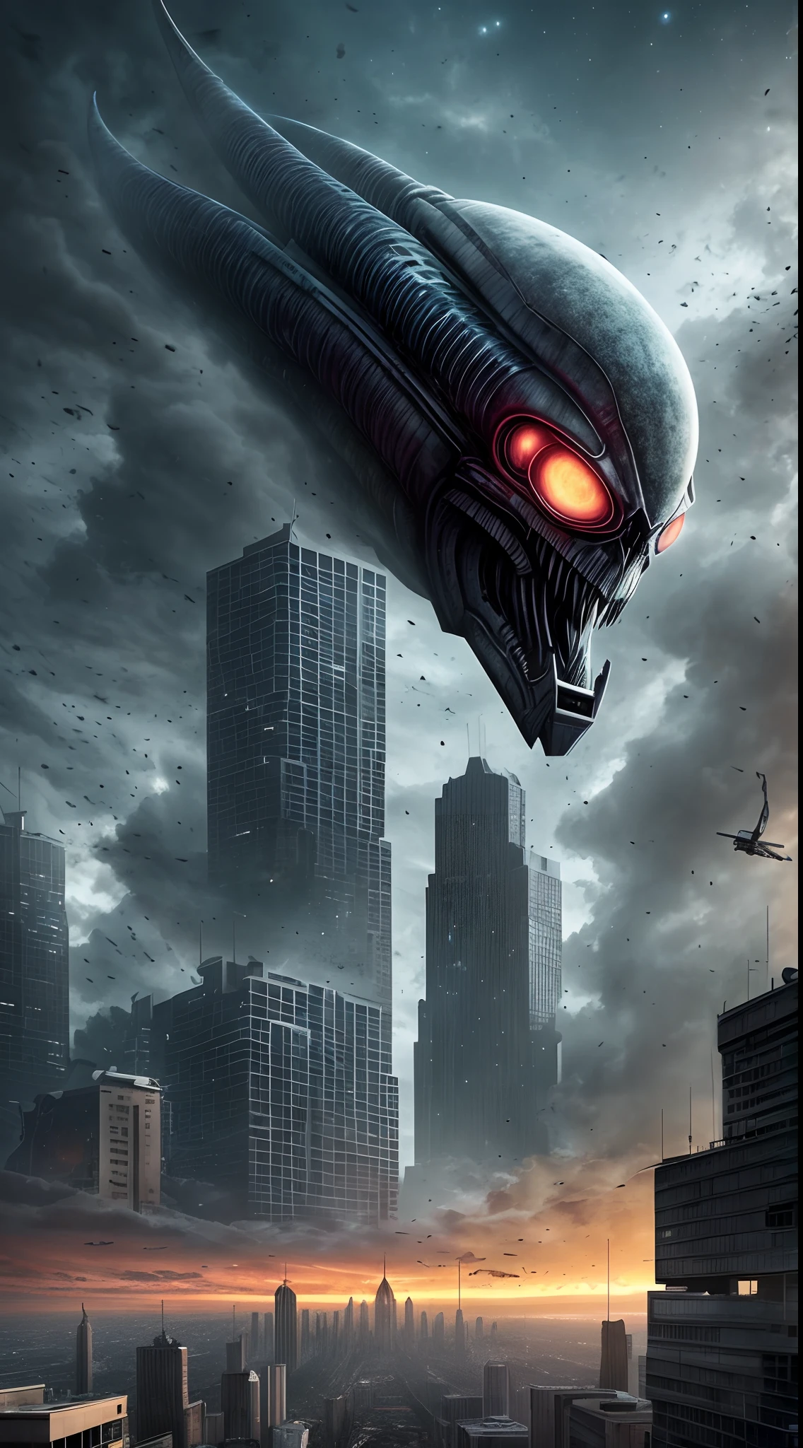 4k high quality movie Giant aliens, Aliens are attacking the city, gloomy colors of the picture, urban ruins