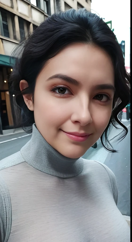(Masterpiece, Best quality), beautiful woman, Detailed turtleneck top with sleeves, jupe, frizzy black hair, visage parfait, beau visage, Attirant, De grands yeux magnifiques, ouvrir bouche, content, Corps slim fit parfait, (outdoor), Rues de la ville, New York, couleurs africaine