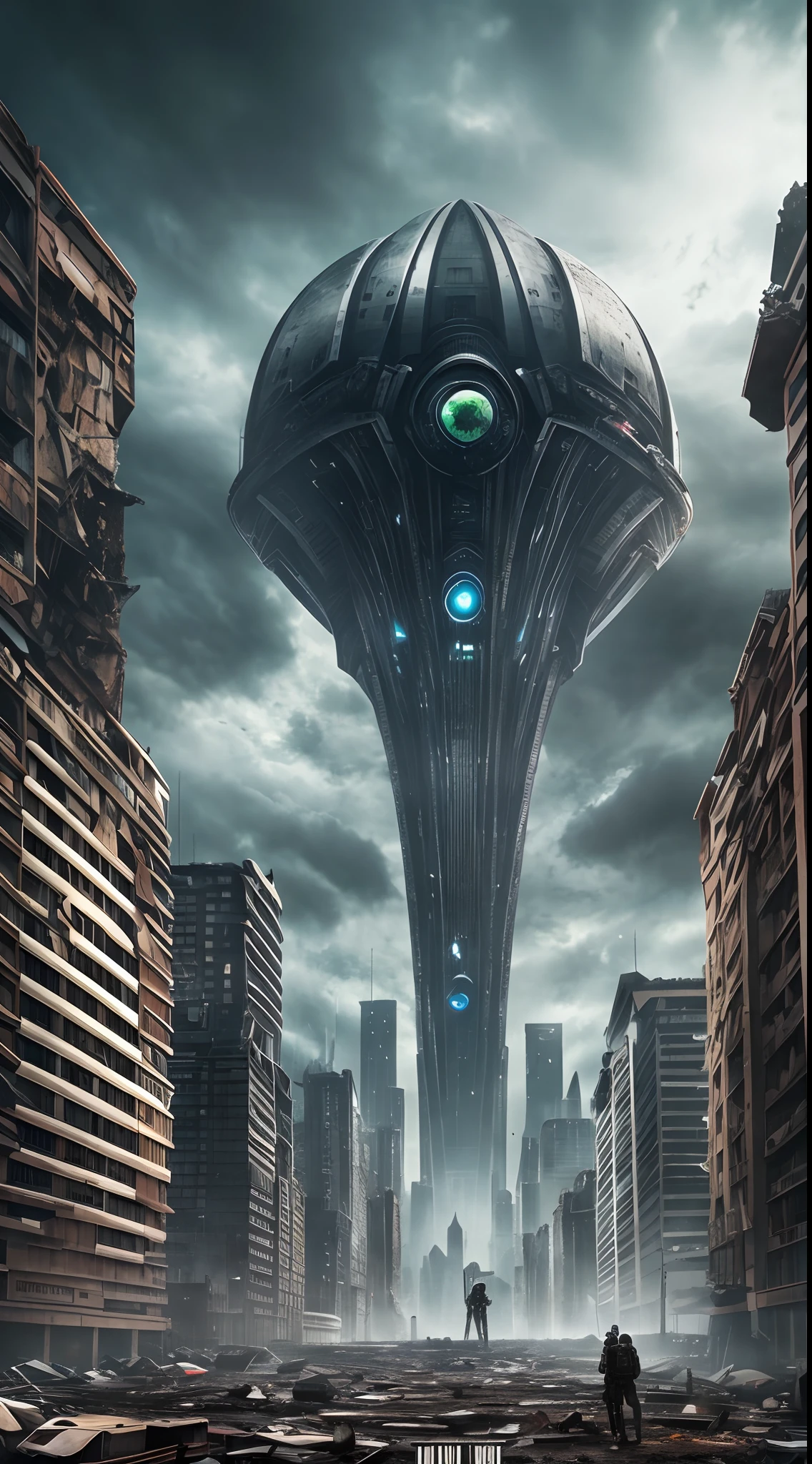 4k high quality movie Giant aliens, Aliens are attacking the city, gloomy colors of the picture, urban ruins