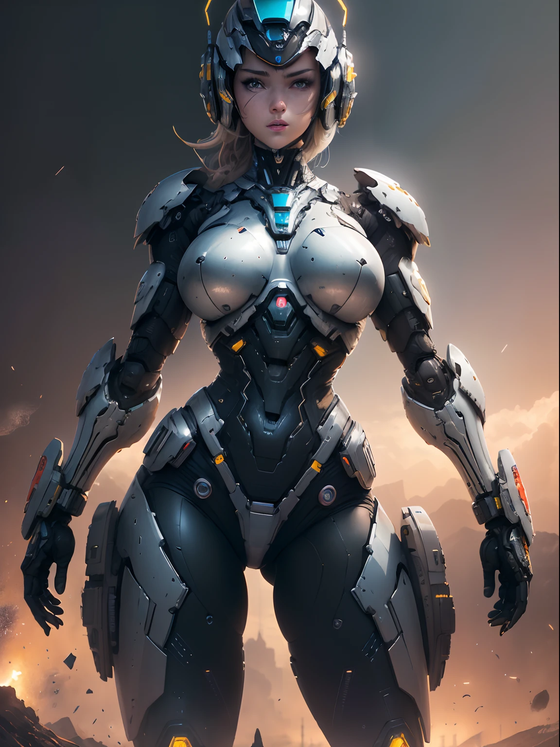 ((mejor calidad)), ((obra maestra)), Espacio marino, Martillo 40,000, Mundo en guerra, Hermosa mujer Pechos grandes y cola grande (muslos hechizantes cuerpo completo)  y cyberpunk con armadura de maestro chef mecha halo muy detallado, Mecha Warframe, colores vibrantes, negro, Blanco, azul, verde, metallic yellow, Oxidado, Usado, ensangrentado, con cielo con nubes y luna llena y acorazados, Cuerpo completo con armadura detallada, Bloody battlefield Alien battlefield,