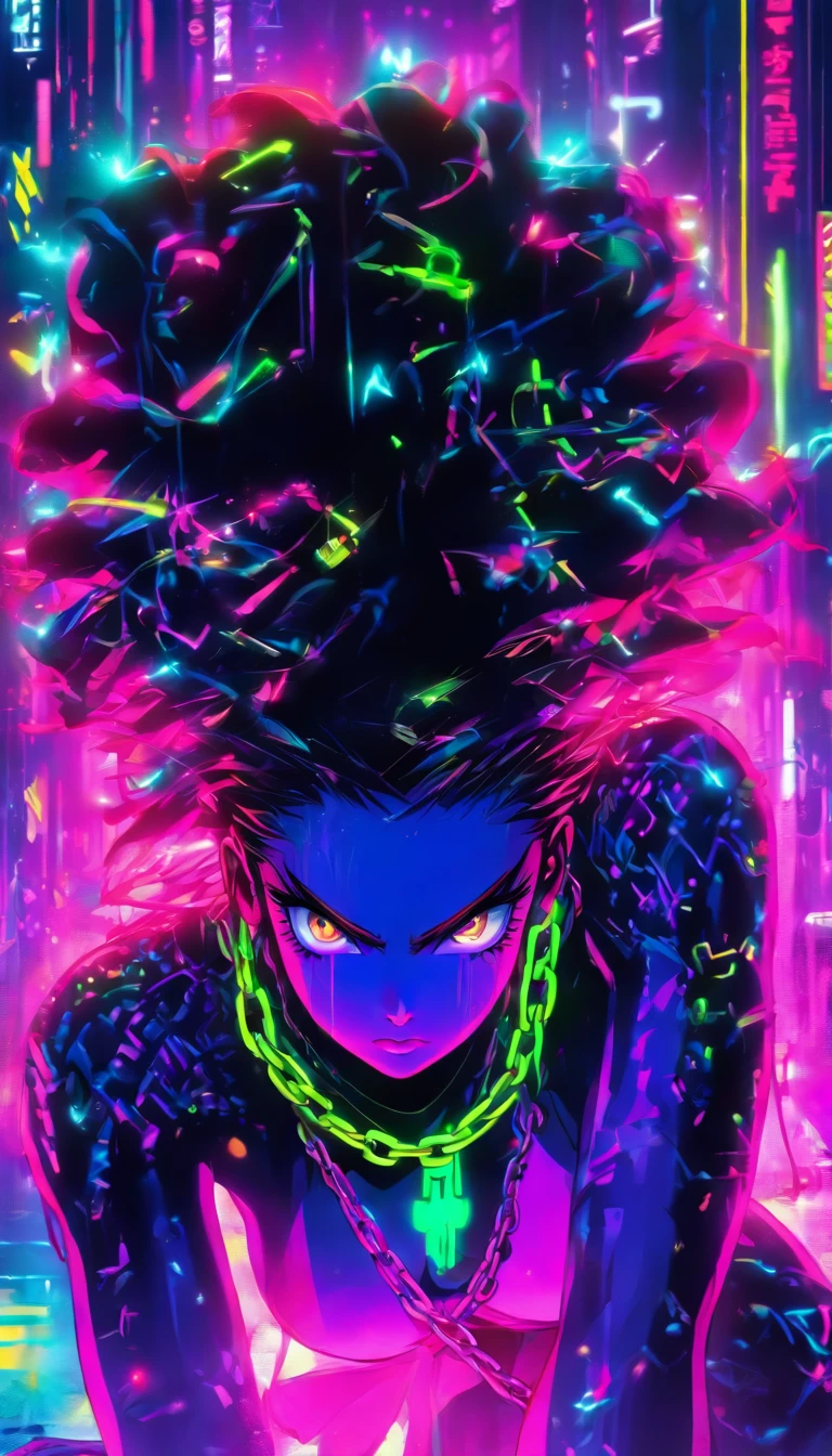 A digital painting of a woman with chains around her neck, inspired by Mike Winkelmann, in a neon and dark world. The woman's eyes are glowing with neon colors, and her body is dripping in neon paint. The background is a mix of vibrant neon colors such as purple, turquoise, pink, and green. The artwork is hyper realistic, with fine details and intricate artwork. The woman's expression is fierce and determined, as she breaks free from the chains and embraces her neon powers. The overall vibe is edgy and futuristic, with a touch of rebellion against a dystopian society. The artwork is in 3D, with a mix of airbrush and digital techniques, making it a stunning and eye-catching piece.