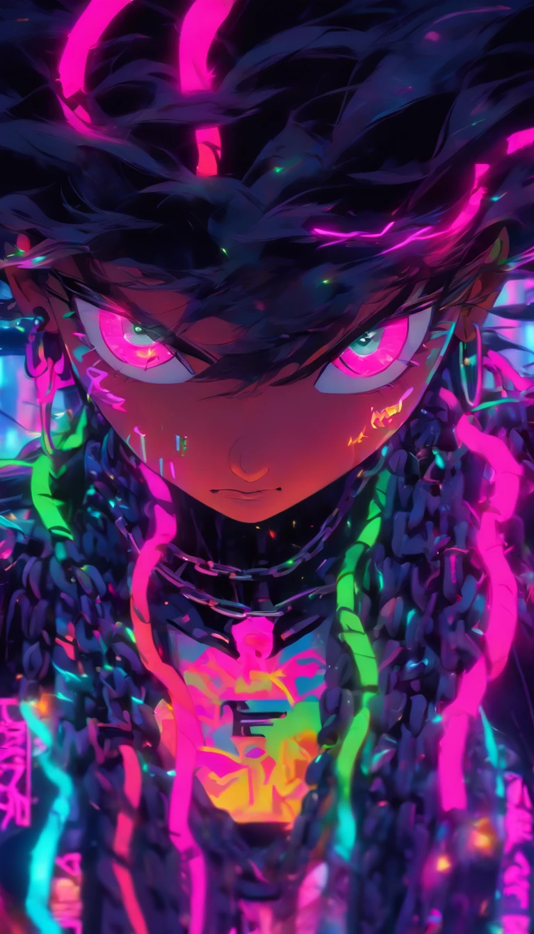 A digital painting of a woman with chains around her neck, inspired by Mike Winkelmann, in a neon and dark world. The woman's eyes are glowing with neon colors, and her body is dripping in neon paint. The background is a mix of vibrant neon colors such as purple, turquoise, pink, and green. The artwork is hyper realistic, with fine details and intricate artwork. The woman's expression is fierce and determined, as she breaks free from the chains and embraces her neon powers. The overall vibe is edgy and futuristic, with a touch of rebellion against a dystopian society. The artwork is in 3D, with a mix of airbrush and digital techniques, making it a stunning and eye-catching piece.