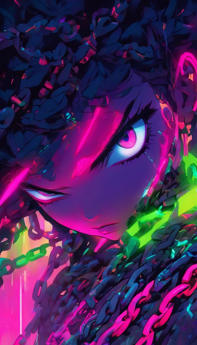 A digital painting of a woman with chains around her neck, inspired by Mike Winkelmann, in a neon and dark world. The woman's eyes are glowing with neon colors, and her body is dripping in neon paint. The background is a mix of vibrant neon colors such as purple, turquoise, pink, and green. The artwork is hyper realistic, with fine details and intricate artwork. The woman's expression is fierce and determined, as she breaks free from the chains and embraces her neon powers. The overall vibe is edgy and futuristic, with a touch of rebellion against a dystopian society. The artwork is in 3D, with a mix of airbrush and digital techniques, making it a stunning and eye-catching piece.