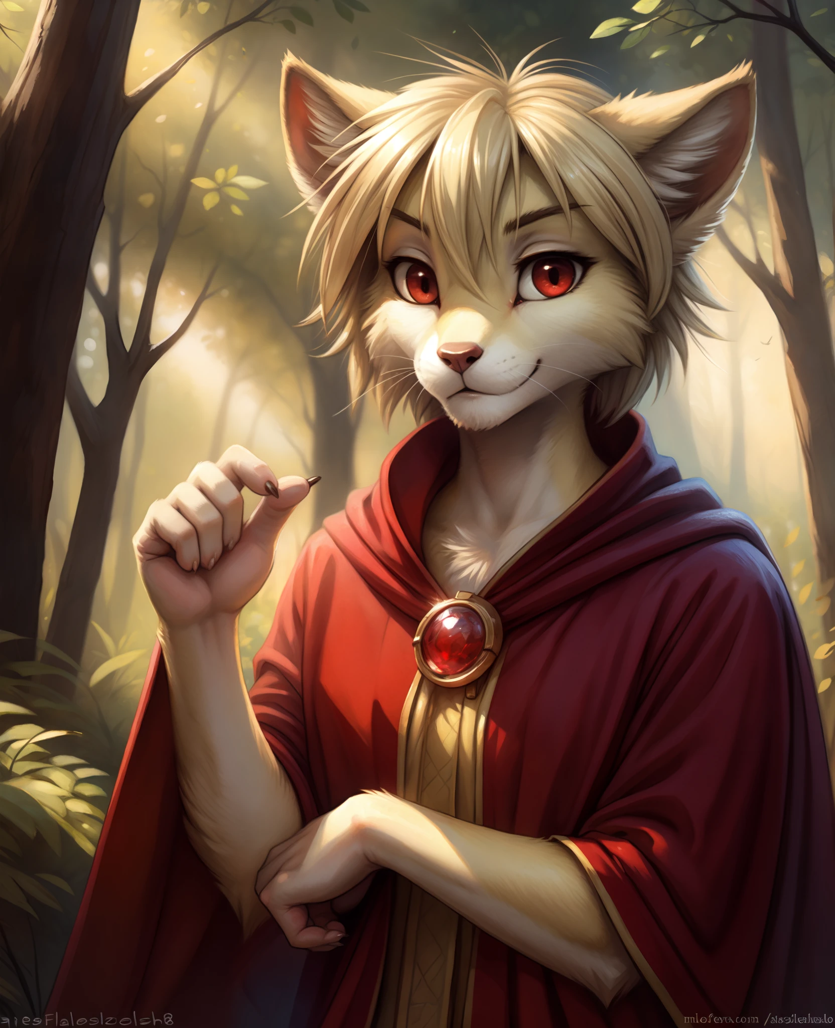by kenket, by totesfleisch8, (by thebigslick, by silverfox5213:0.8), (by syuro:0.2),, Clovis , Clovis (twokinds), by tom_fischbach,, (best quality, masterpiece:1), solo, furry female anthro, red eyes, short hair, blond hair , portrait, fingers, finger claws, looking at viewer, tail, ear raised, (outdoors dark forest trees blurry blurred background:1.1), red cape