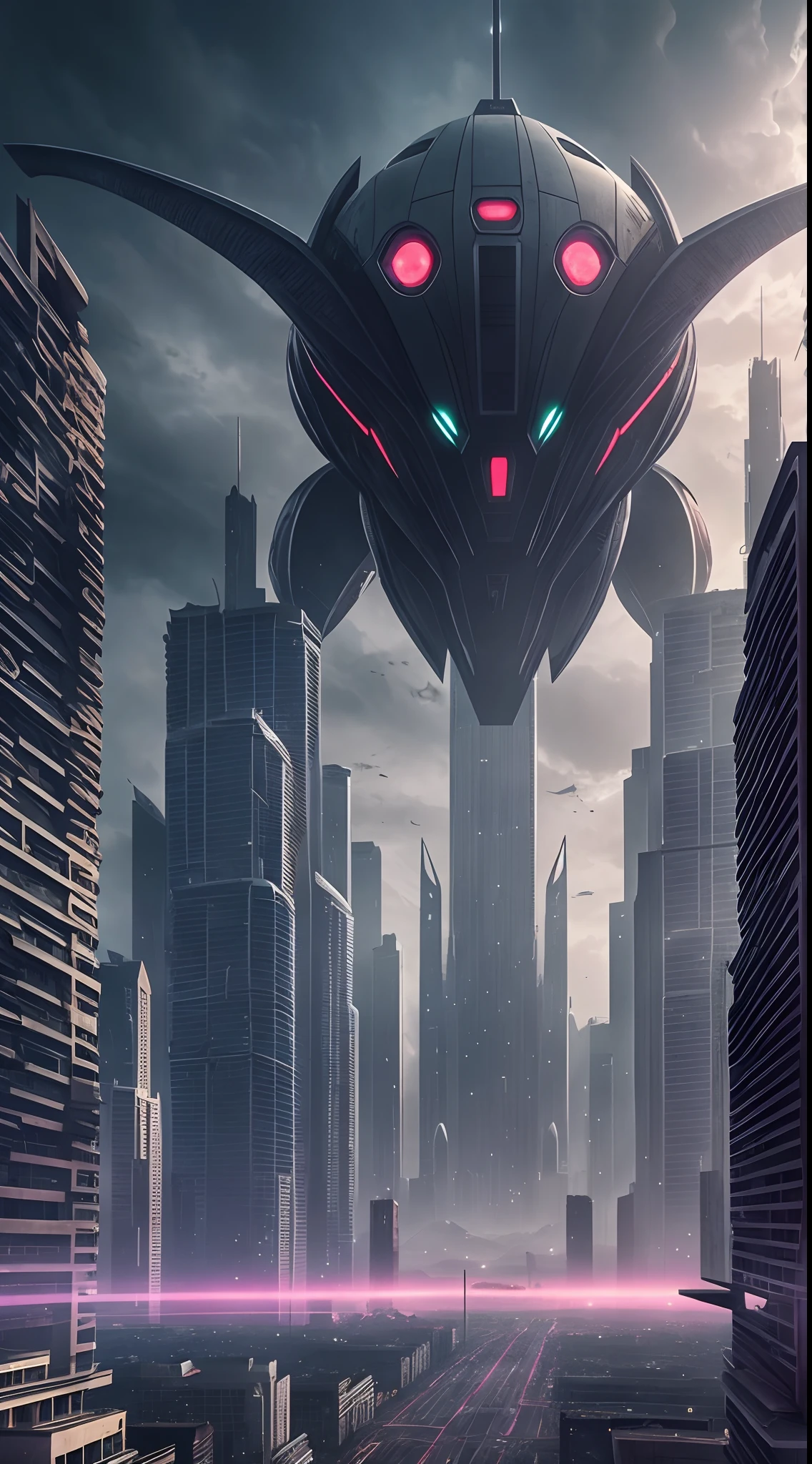4k high quality movie Giant aliens, Aliens are attacking the city, gloomy colors of the picture, urban ruins