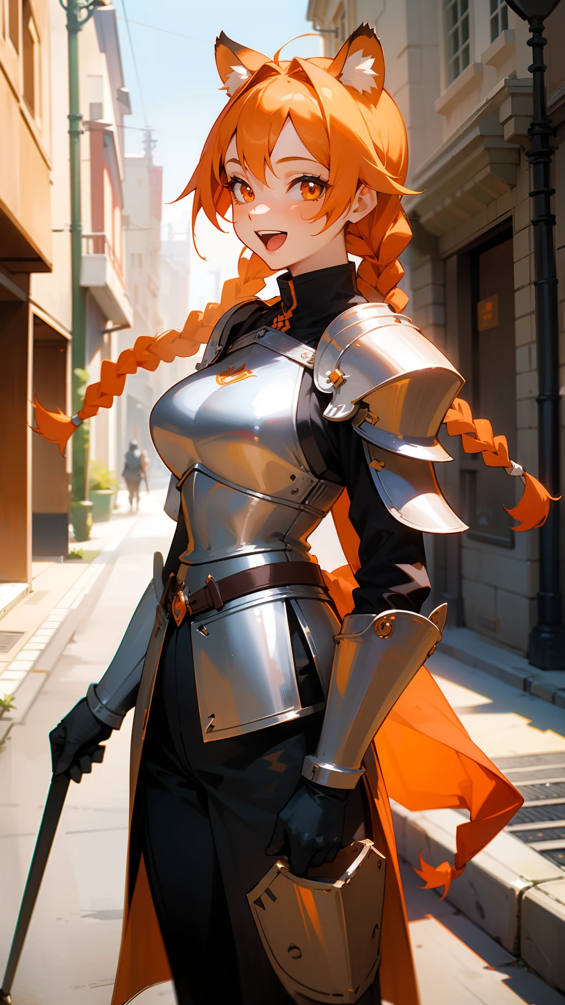 1girl,30s,tall,mature female,tiger ears,(twin braids:1.2),orange hair,orange eyes,solo,(silver templar knight outfit,knight),happy face,smile,open mouth,((standing in a street)),medium breasts,cowboy shot