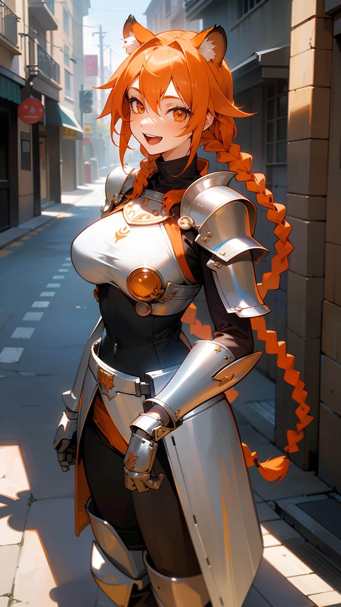 1girl,30s,tall,mature female,tiger ears,(twin braids:1.2),orange hair,orange eyes,solo,(silver templar knight outfit,knight),happy face,smile,open mouth,((standing in a street)),medium breasts,cowboy shot
