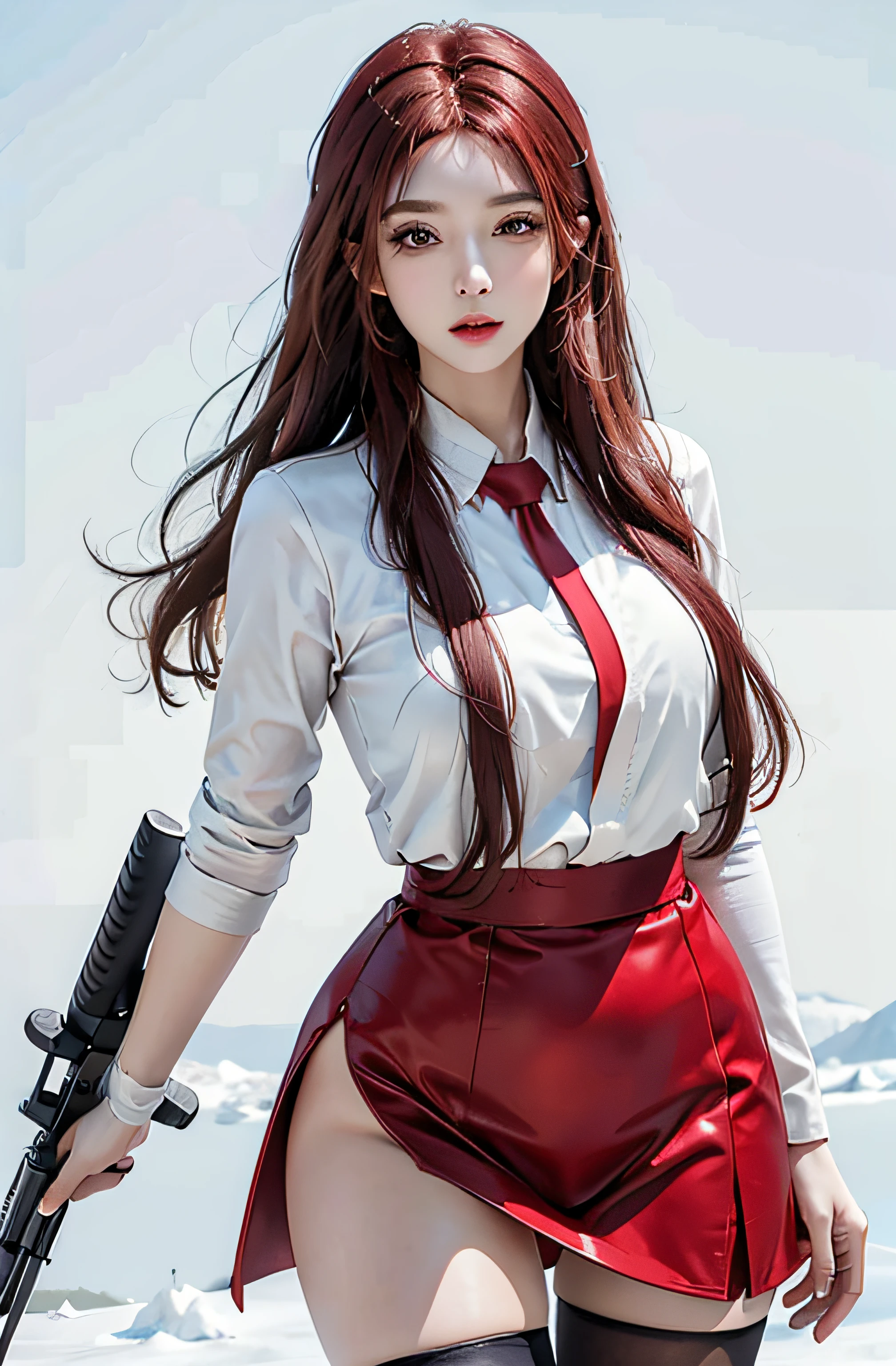 Photorealistic, high resolution, 1womanl, Solo, Hips up, view the viewer, (Detailed face),Red hair, Long hair, Nurse outfit, Stockings，Snow background, Girl aiming AK-47 assault rifle