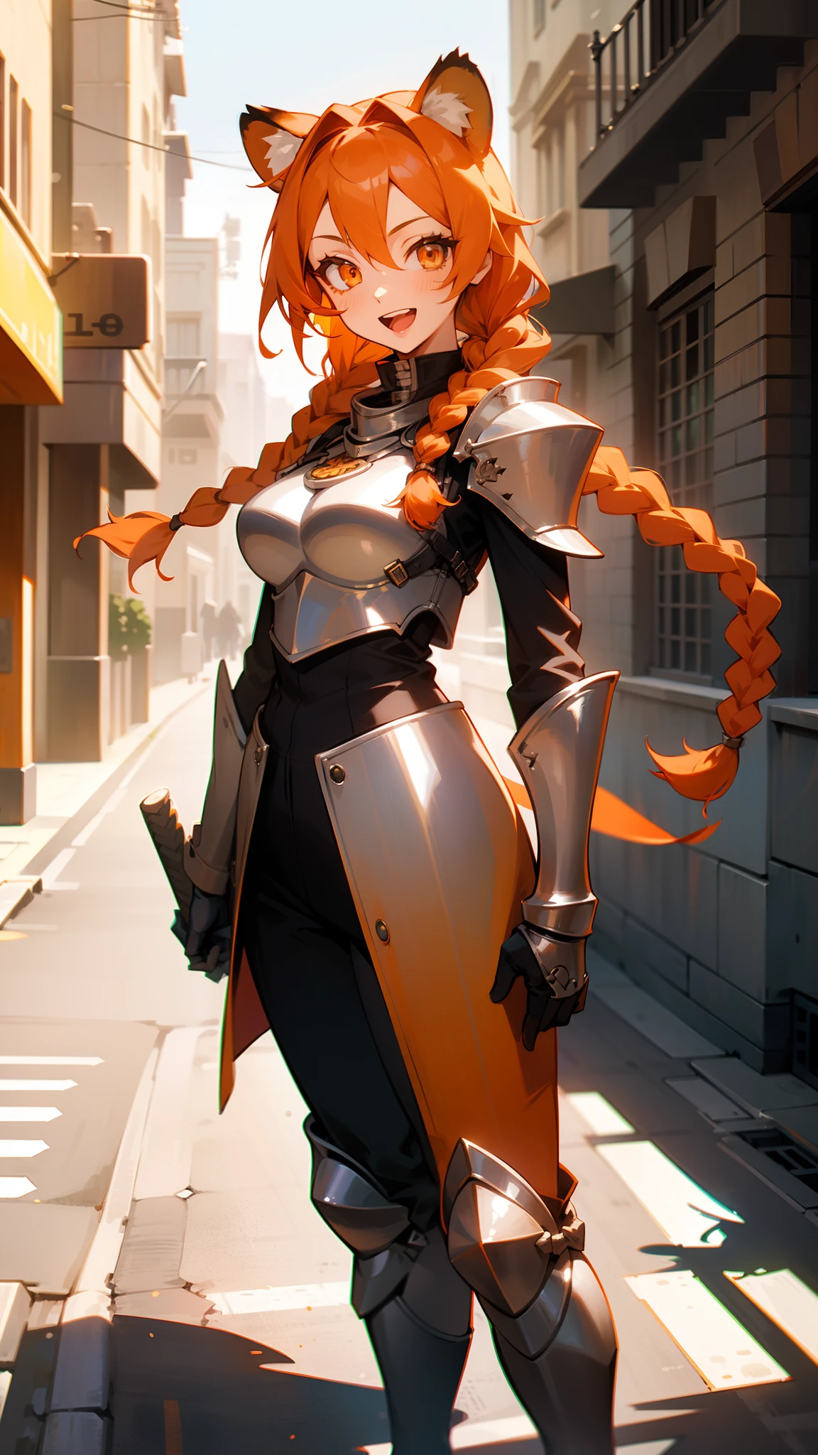 1girl,30s,tall,mature female,tiger ears,(twin braids:1.2),orange hair,orange eyes,solo,(silver templar knight outfit,knight),happy face,smile,open mouth,((standing in a street)),medium breasts,cowboy shot