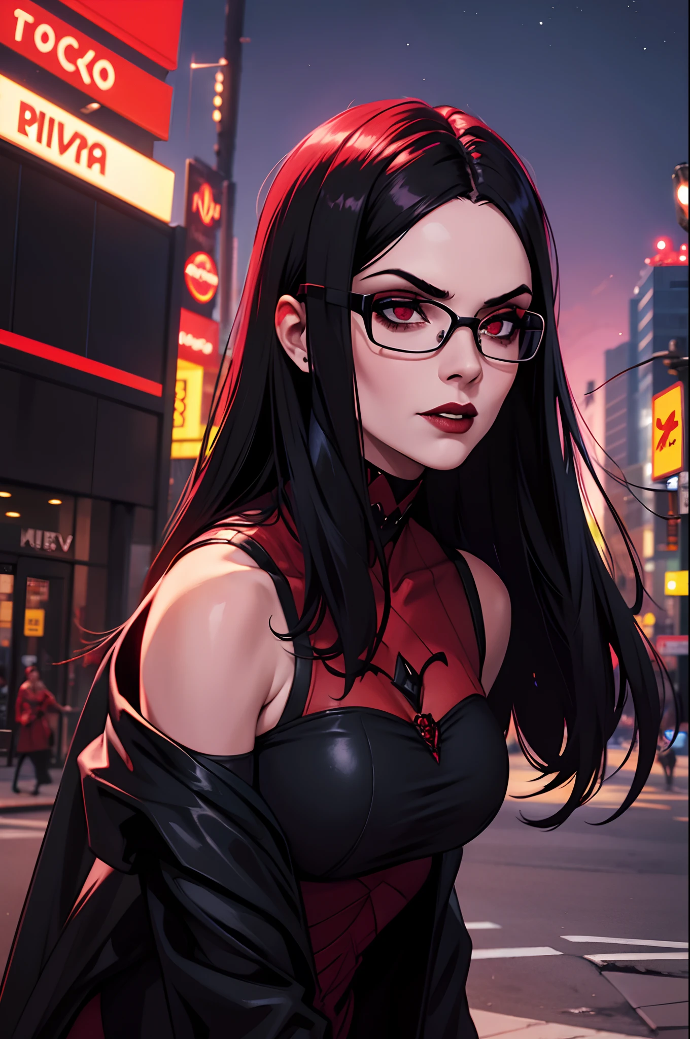 Uma vampira feminina na cidade de New York, usando sobretudo longo de couro, cabelo longo e preto, musculoso, cinto, sobretudo, coturno, night  sky, cidade cheia, Buildings, Black and red clothes wearing glasses with a red lens.