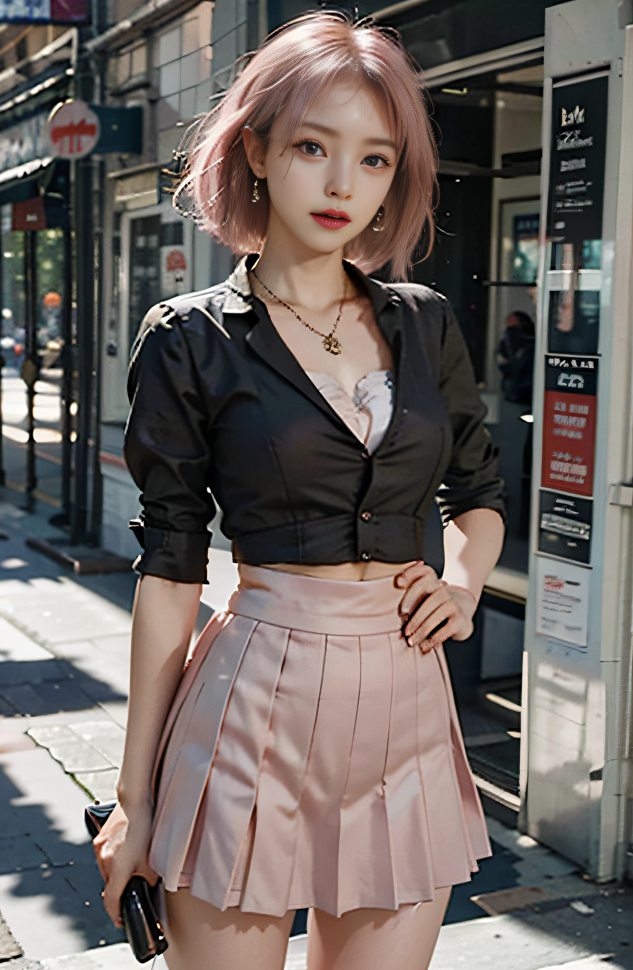 Masterpiece, 1 girl, waist up, faint smile, shiny skin, best quality, masterpiece, (realistic: 1.4), school uniform, pleated skirt, black stockings, background blur, focal length on person, (large aperture: 1.2), pink hair, necklace, earrings, japanese street, night