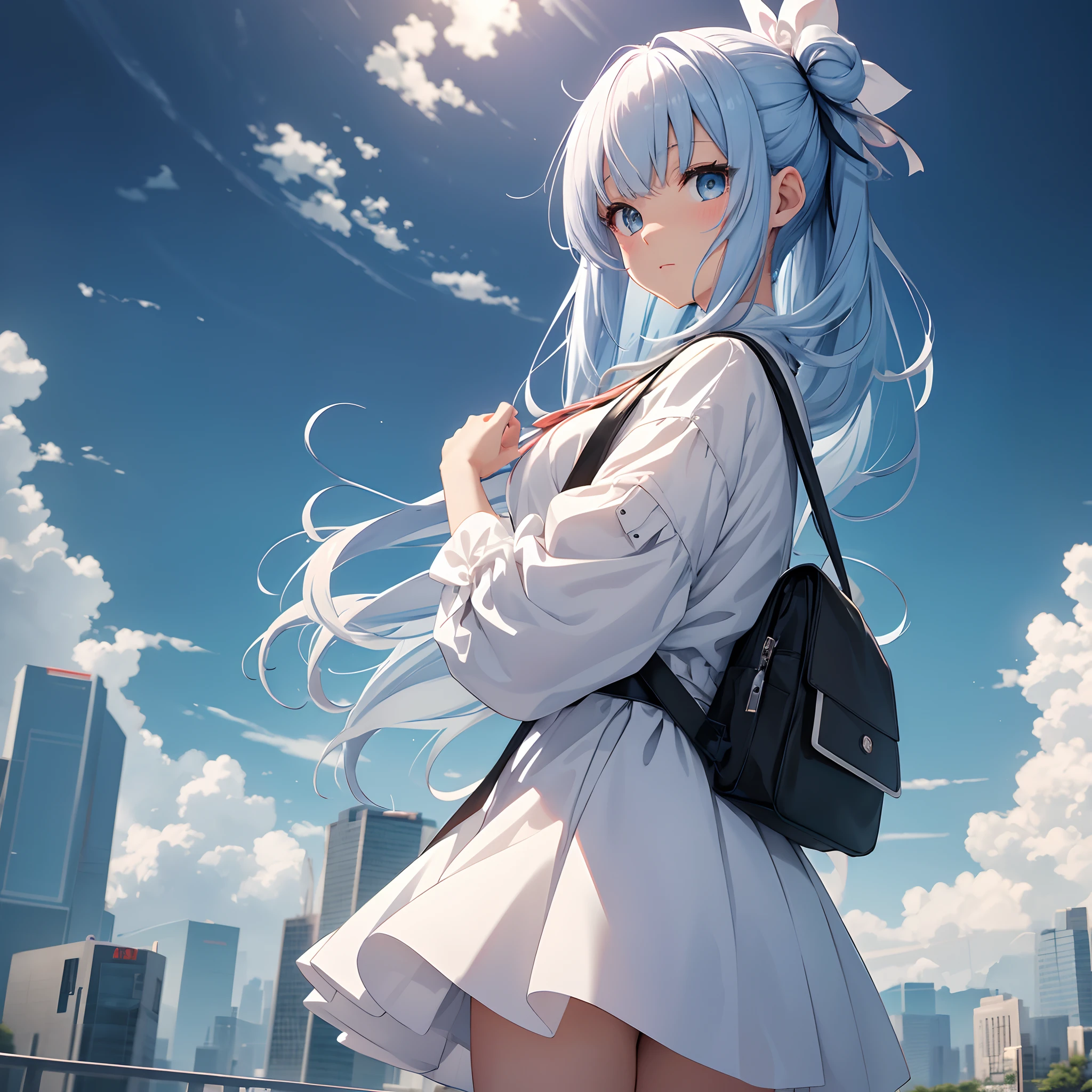 Abstract Anime Painting、high-level image quality、masterpiece、2D、A presence that shines in cloudy skies、A mysterious scene that makes you feel like you are in a different space from your surroundings、Cute One Girl、Middle hair with matching bangs and side hair is tied with ribbons.、The hair color is light blue and transparent and gleaming.、The white clothes are gorth fashion and multiple ruffled skirts.、I'm carrying a cute backpack、