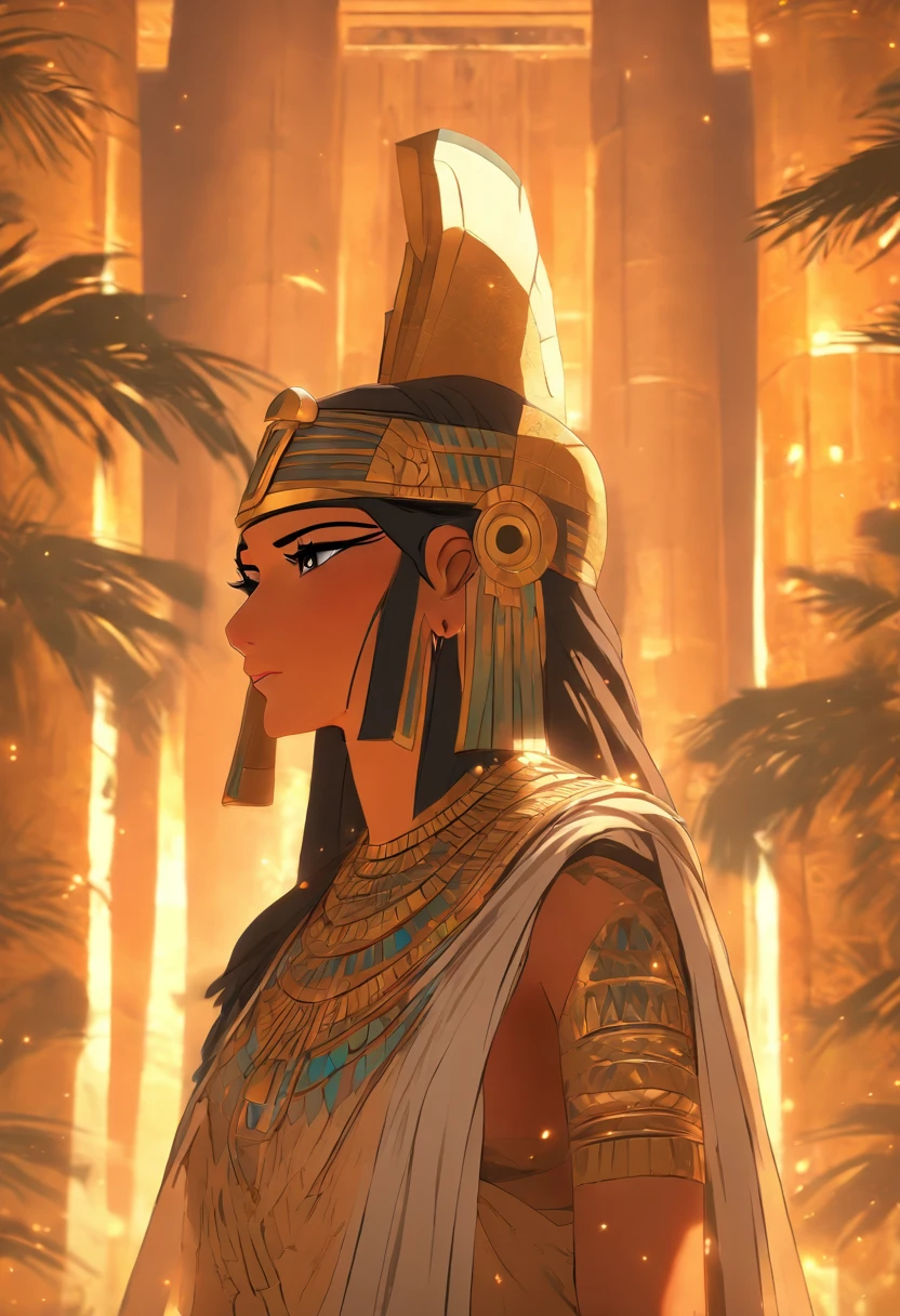 (((isis)))best quality, ultra-high resolution, 4K detailed CG, master piece, Isis,protective goddess, Egyptian mythology,expression of sadness,woman,Egyptian clothing,Head adornment,Egyptian temple,palm trees, feathers ,desert,aesthetics, Beautiful image, centered on the screen