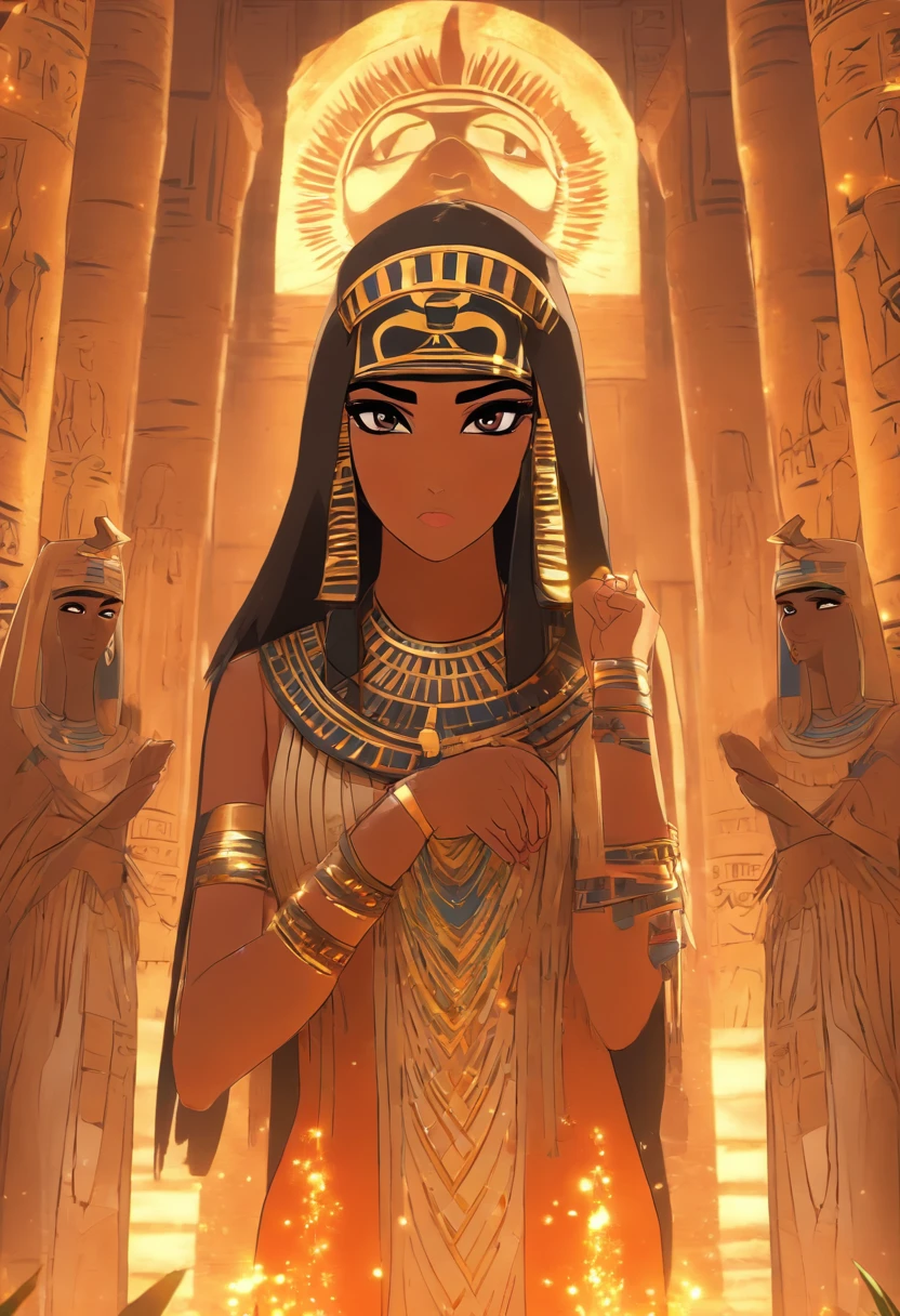 (((isis)))best quality, ultra-high resolution, 4K detailed CG, master piece, Isis,protective goddess, Egyptian mythology,expression of sadness,woman,Egyptian clothing,Head adornment,Egyptian temple,palm trees, feathers ,desert,aesthetics, Beautiful image, centered on the screen