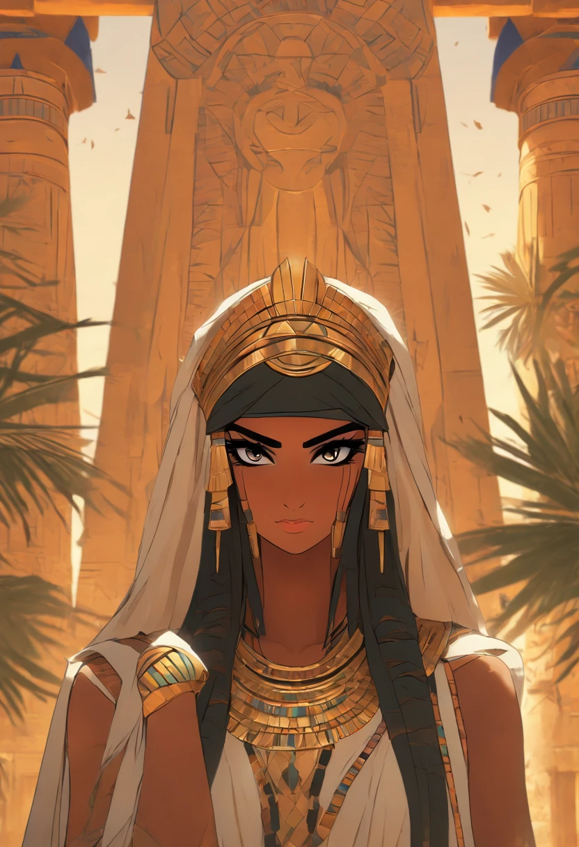 (((isis)))best quality, ultra-high resolution, 4K detailed CG, master piece, Isis,protective goddess, Egyptian mythology,expression of sadness,woman,Egyptian clothing,Head adornment,Egyptian temple,palm trees, feathers ,desert,aesthetics, Beautiful image, centered on the screen