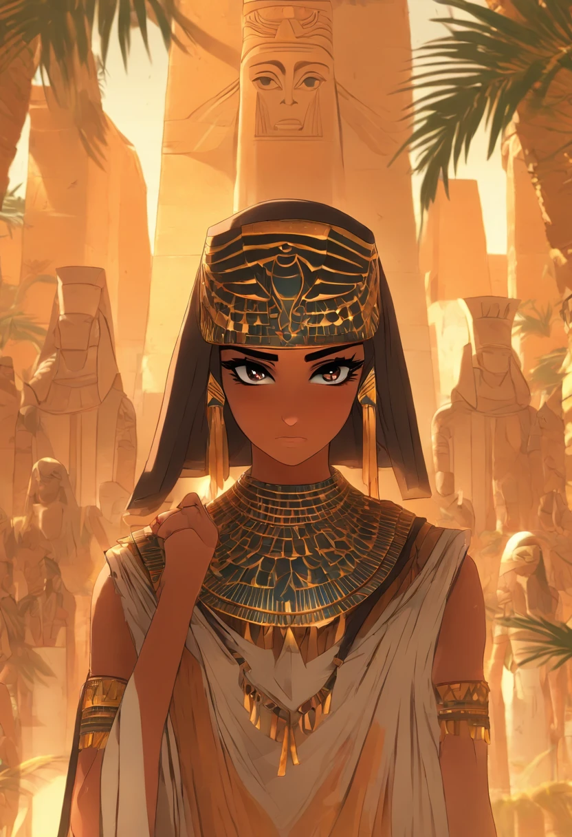 (((isis)))best quality, ultra-high resolution, 4K detailed CG, master piece, Isis,protective goddess, Egyptian mythology,expression of sadness,woman,Egyptian clothing,Head adornment,Egyptian temple,palm trees, feathers ,desert,aesthetics, Beautiful image, centered on the screen
