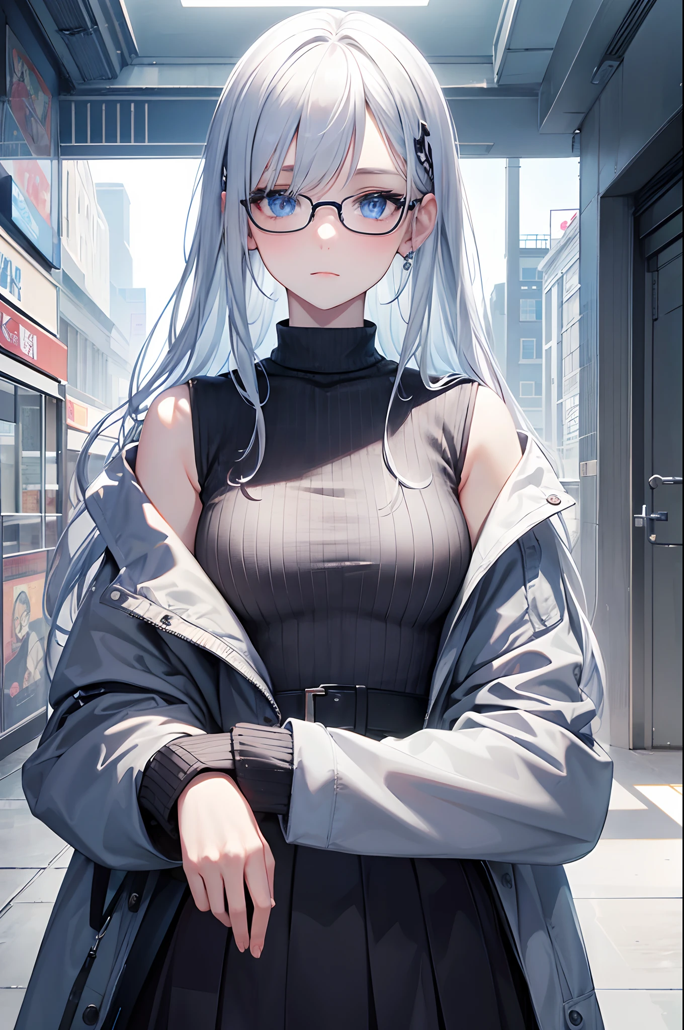 masterpiece, highlydetailed, ultra-detailed, cold, solo, (1woman), (pale skin), icyblue eyes, frosty white hair, young lady, medium breasts, goddess, cool kuudere woman, (sci-fi), (modern casual clothes), sleepy, lazy, flat expression, (polite clothes), (close clothes), (future clothes), (black clothes), model, actress, half-body portrait, magazine cover, soft smile, Glasses