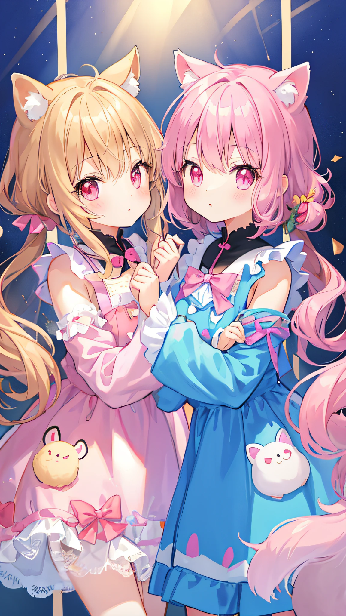 Beautiful illustration、top-quality、Cute twin girls、Cleaning for 2、PastelColors、Fluffy raccoon ears、小柄、brown haired、Bright lighting、bright pink eyes、Pony tail