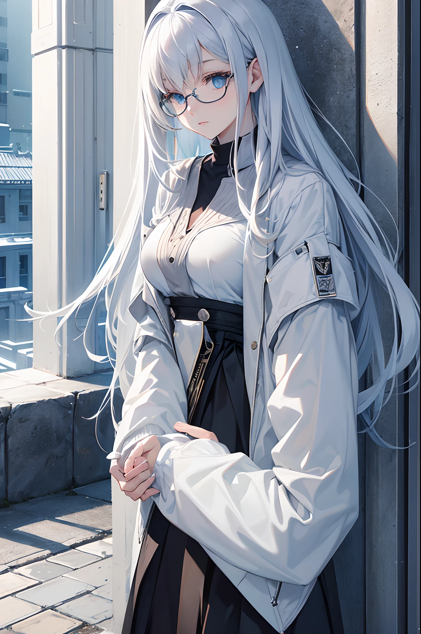 masterpiece, highlydetailed, ultra-detailed, cold, solo, (1woman), (pale skin), icyblue eyes, frosty white hair, young lady, medium breasts, goddess, cool kuudere woman, (sci-fi), (modern casual clothes), sleepy, lazy, flat expression, (polite clothes), (close clothes), (future clothes), (black clothes), model, actress, half-body portrait, magazine cover, soft smile, Glasses