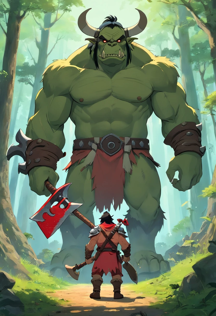 Um guerreiro orc, feroz, Presas Expostas, armadura quebrada, With a giant axe in hand, fundo do campo de floresta negra, desenho 2D, High definition, 4k