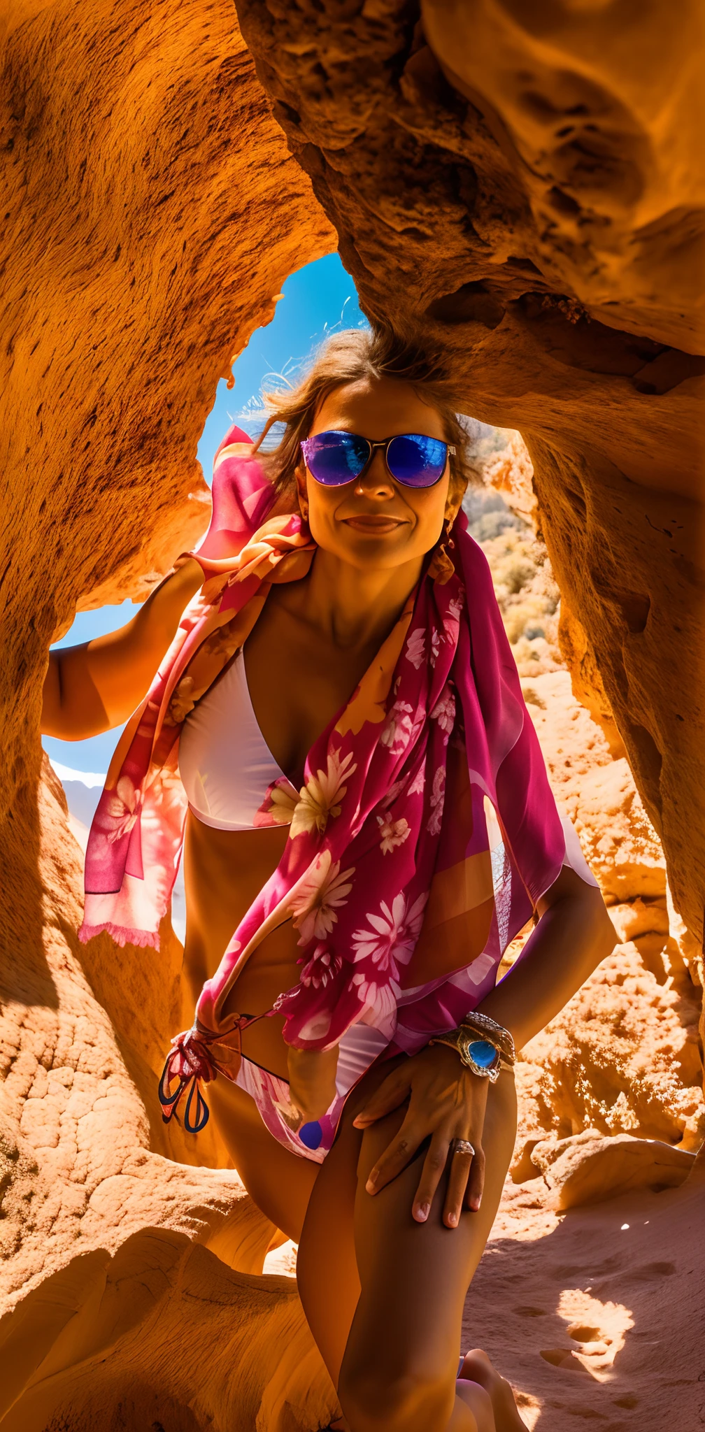 Woman in bikini and scarf, em uma rocha ao sol, perto da praia, em uma gruta, sunglasses and a scarf, vestindo chiton floral, photo from behind, ao sol, em uma grande caverna do deserto, vestindo chiton floral rosa, foto do perfil, Sarongue, vacation photo, em uma caverna, sparkling in the sunlight
