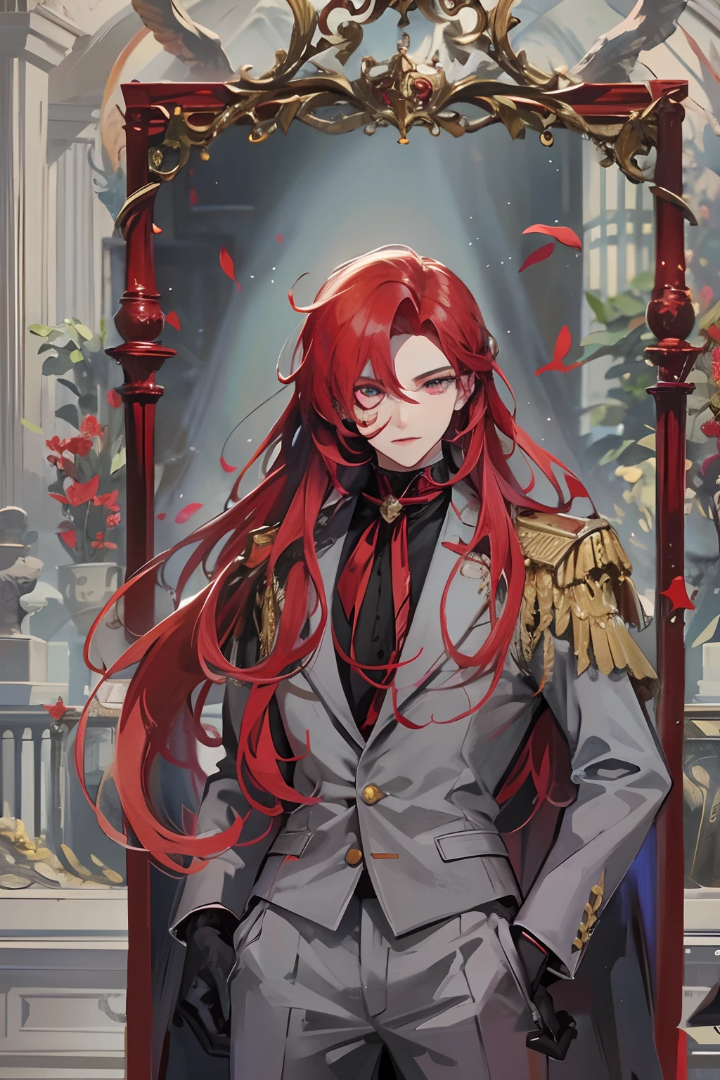 1men, long crimson hair, crimson eyes, gloves black