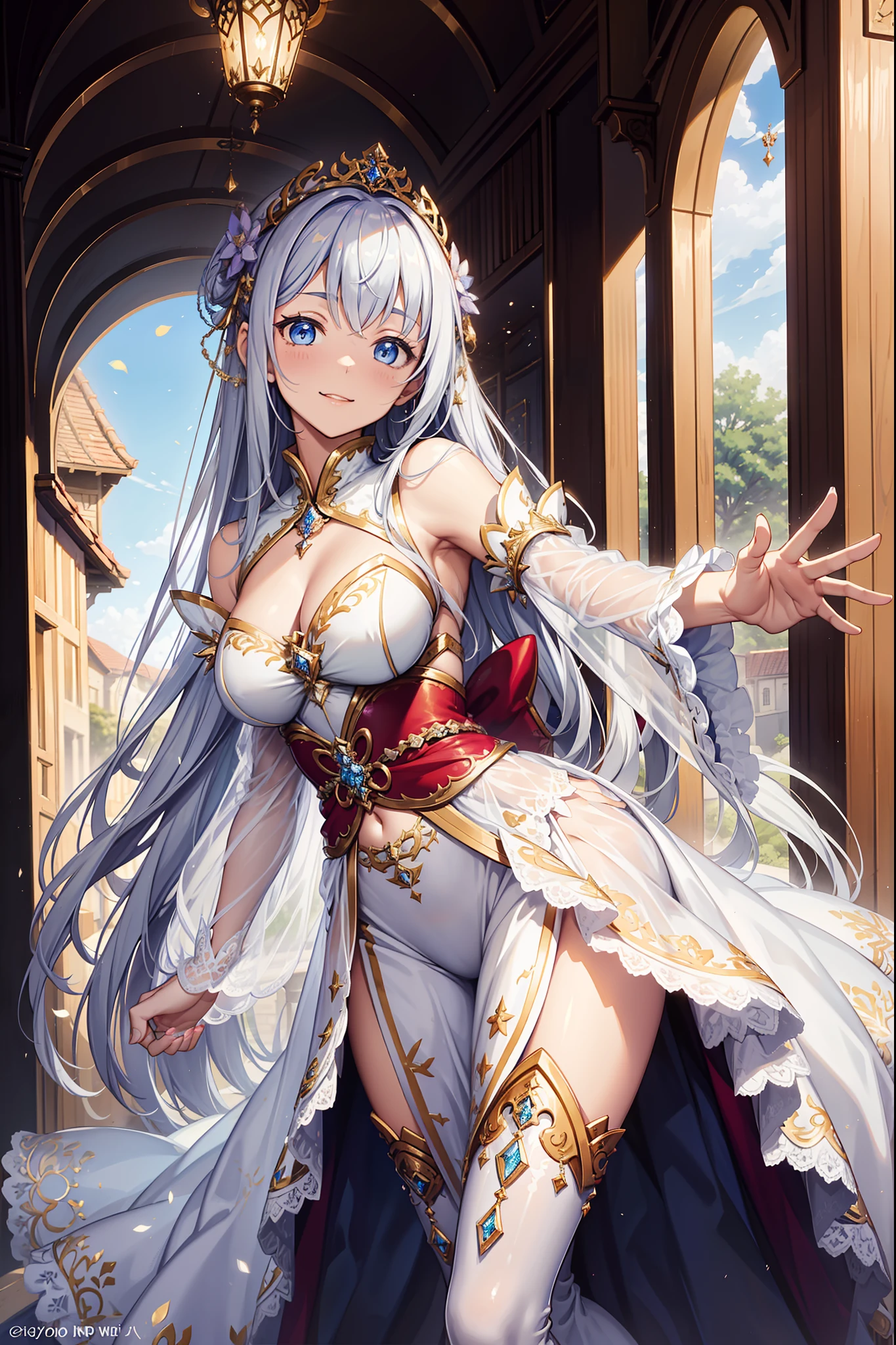saints,Enchanted,having fun,Being in love,(Western-style magic white dress),silber hair,eBlue eyes,Seductive pose,exquisite costumes,see-through transparent clothes,Lilac texture,Sky blue texture,Fluffy sleeves,Ruffles,Lace,Floral decoration,Fabric ornamentation,Bow knot,European courtyard,solo person