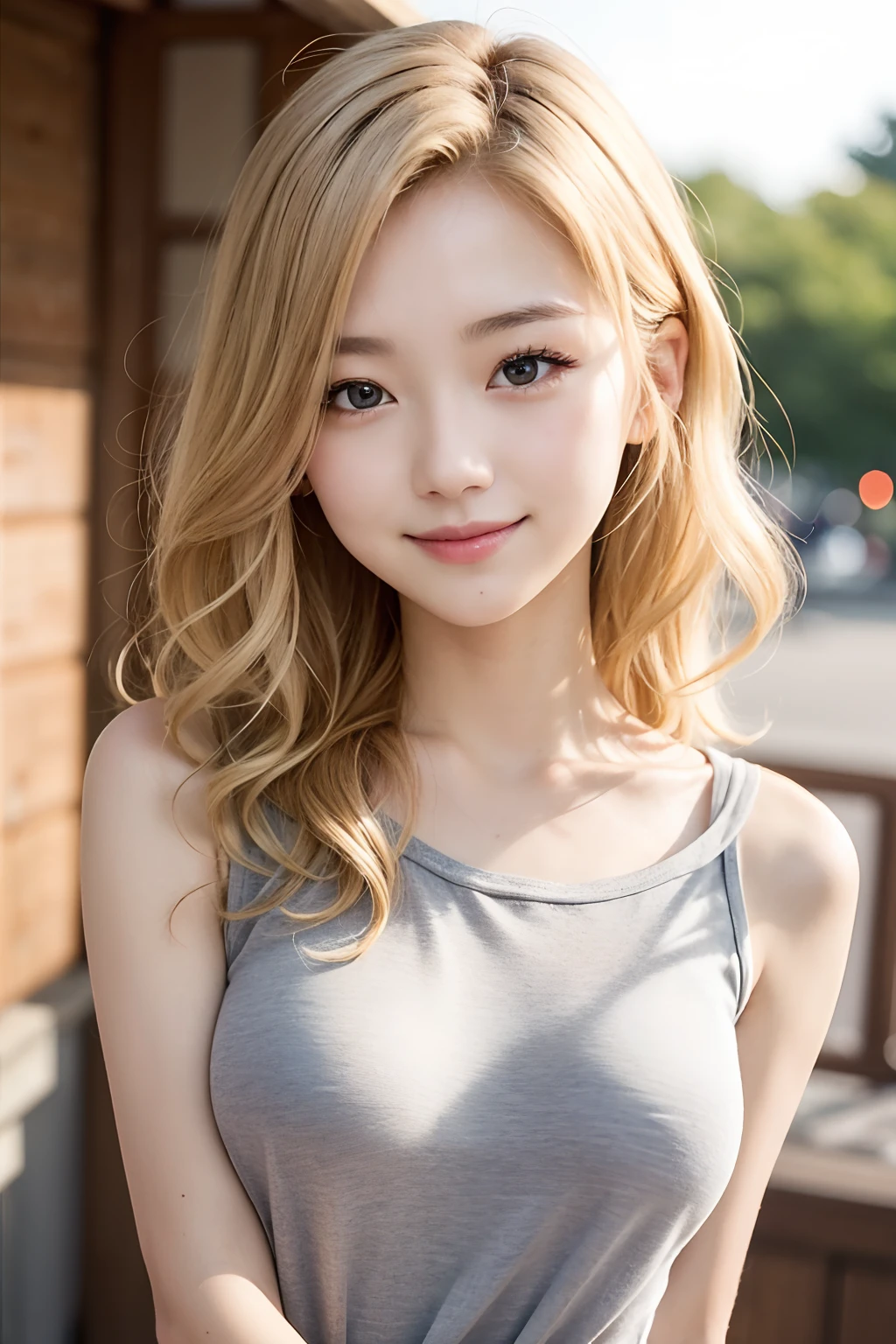 studio light, depth of field, upper body, slender, cute face, smile, beautiful details eyes, 19yo japanese, pretty, Voluminous curls with warm blonde color, Plaza, casual