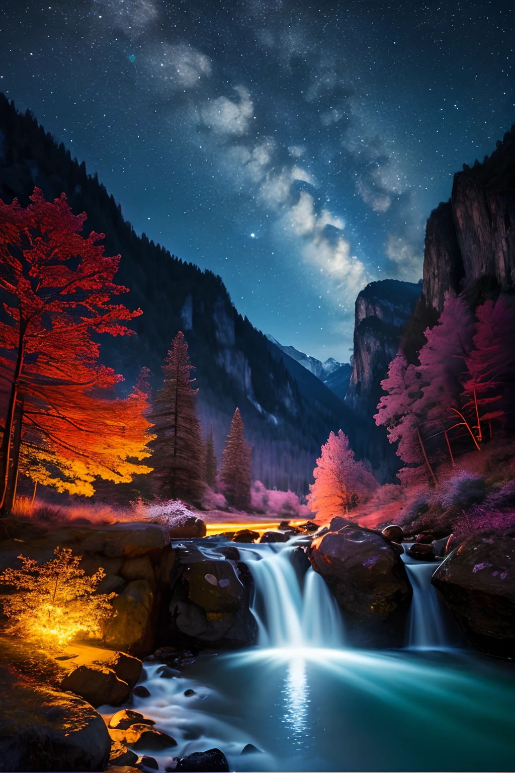 best quality, masterpiece, beautiful wild and natural fantasy landscape with glowing lights