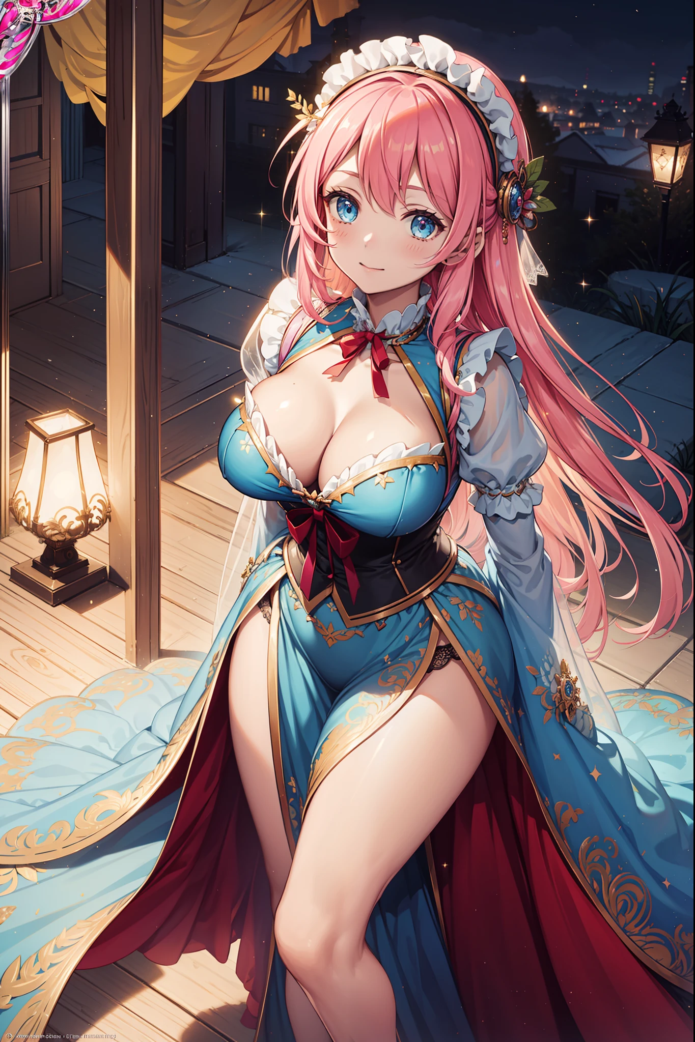 teens girl，Enchanted，Divine happiness，Being in love，(Light Victorian dress:1.2)，Pink hair，eBlue eyes，(Fabric headdress)，Maximalism，Multiple layers of delicate ruffles，Lots of lace，Multi-colored cloth，Delicate embroidery，Delicate pattern，Fabric headdress，exquisite costumes，see-through transparent clothes，Bedrooms，the night，glittery，(Dazzle:1.2)，Movie lighting，the night，solo person，Fluttering skirt，(Maid characteristics)