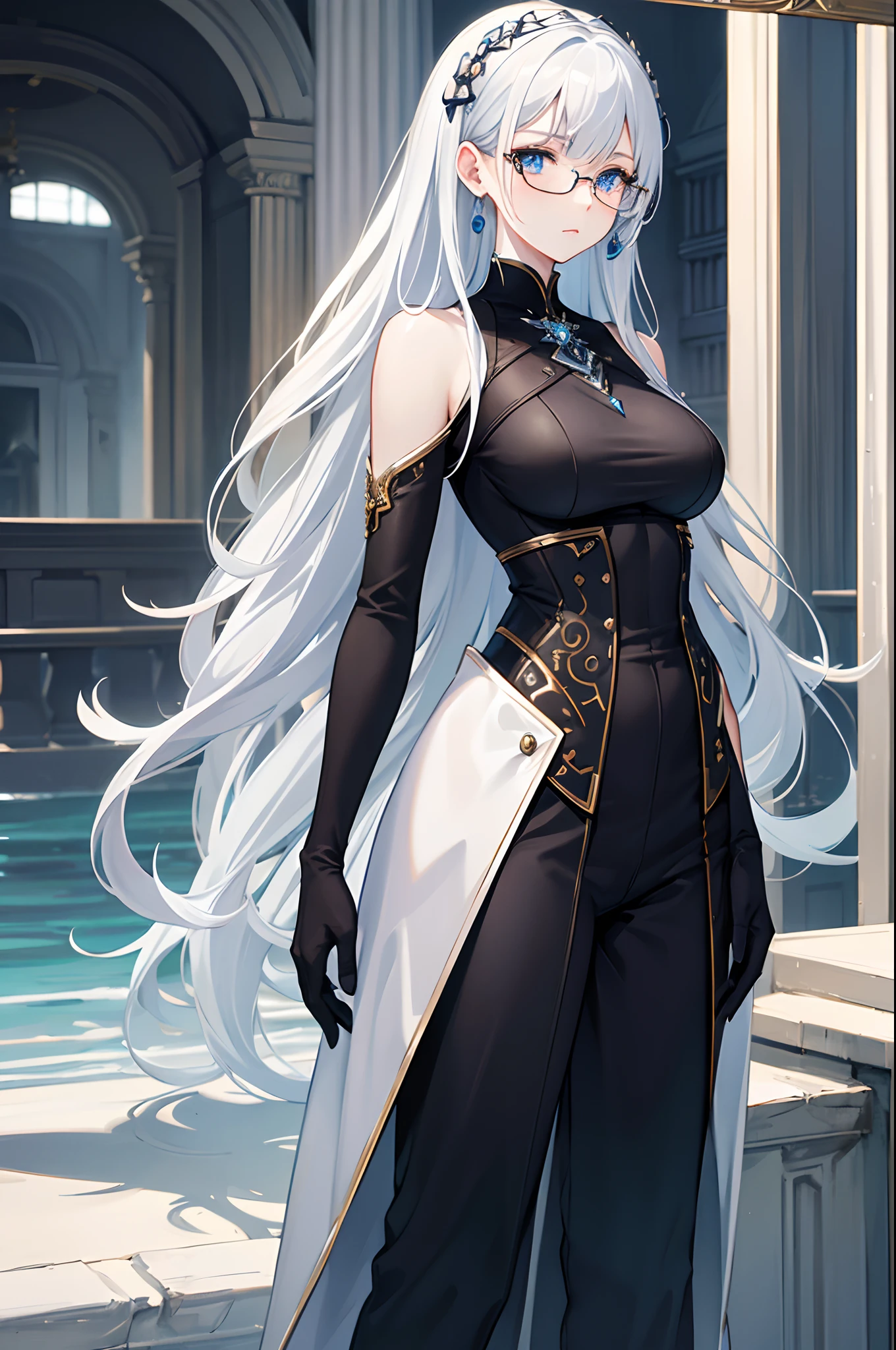 masterpiece, highlydetailed, ultra-detailed, cold, solo, (1woman), (pale skin), icyblue eyes, frosty white hair, young lady, medium breasts, goddess, cool kuudere woman, (sci-fi), (modern casual clothes), sleepy, lazy, flat expression, (polite clothes), (close clothes), (future clothes), (black clothes), model, actress, half-body portrait, magazine cover, soft smile, Glasses, fantasy