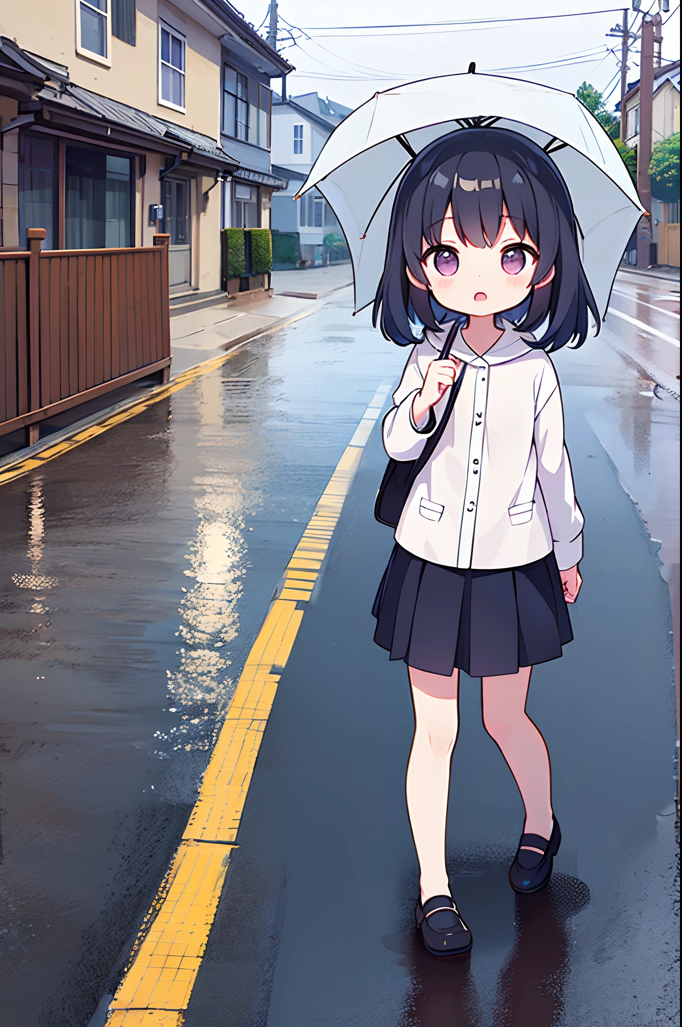 Photo of a girl with an umbrella on a rainy day、Umbrellas are great、bustup、Eye Up、The road surface is wet、She's singing